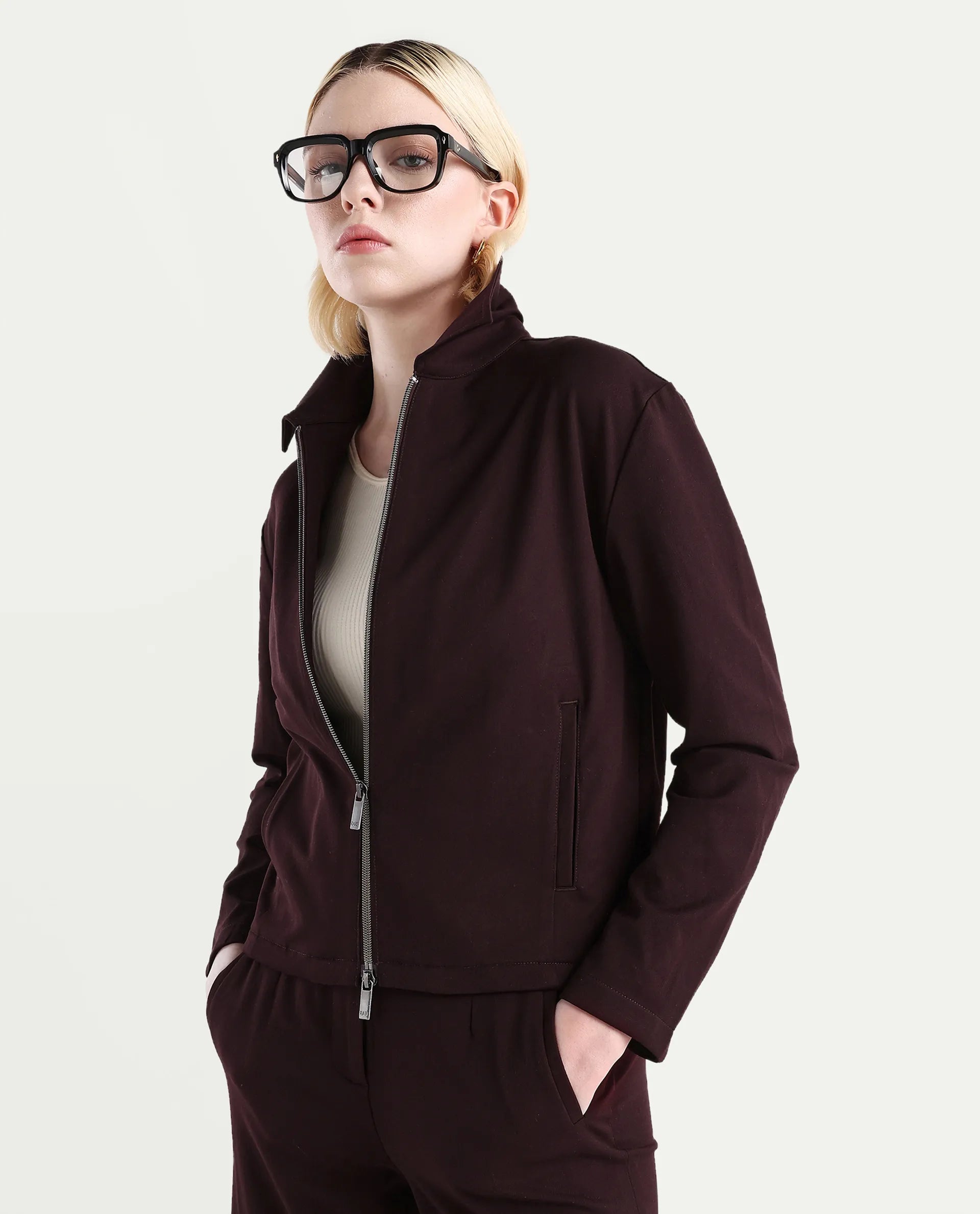 Rareism Women's Nizloz Maroon Polyester Blend Spread Collar Regular Plain Jacket