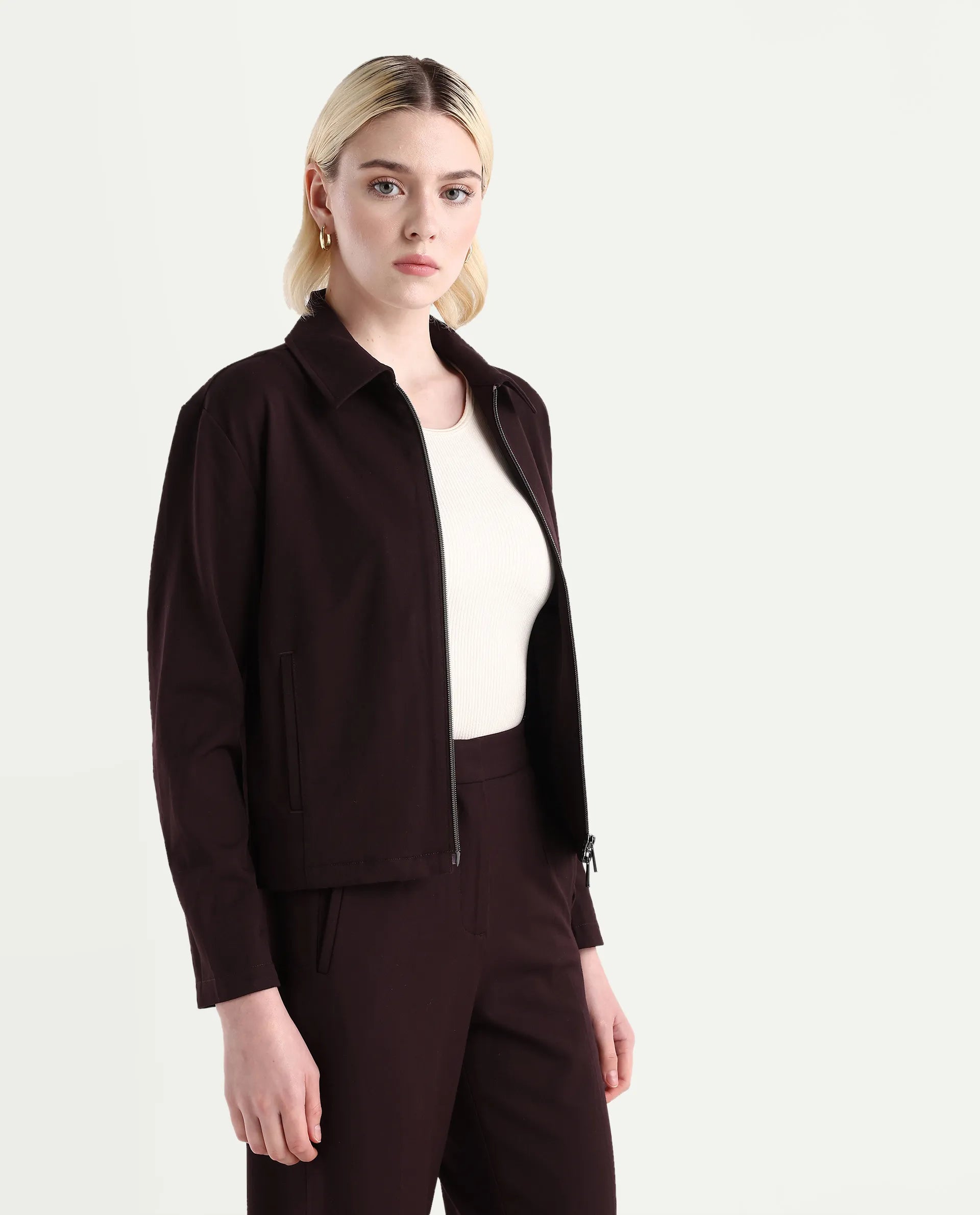 Rareism Women's Nizloz Maroon Polyester Blend Spread Collar Regular Plain Jacket