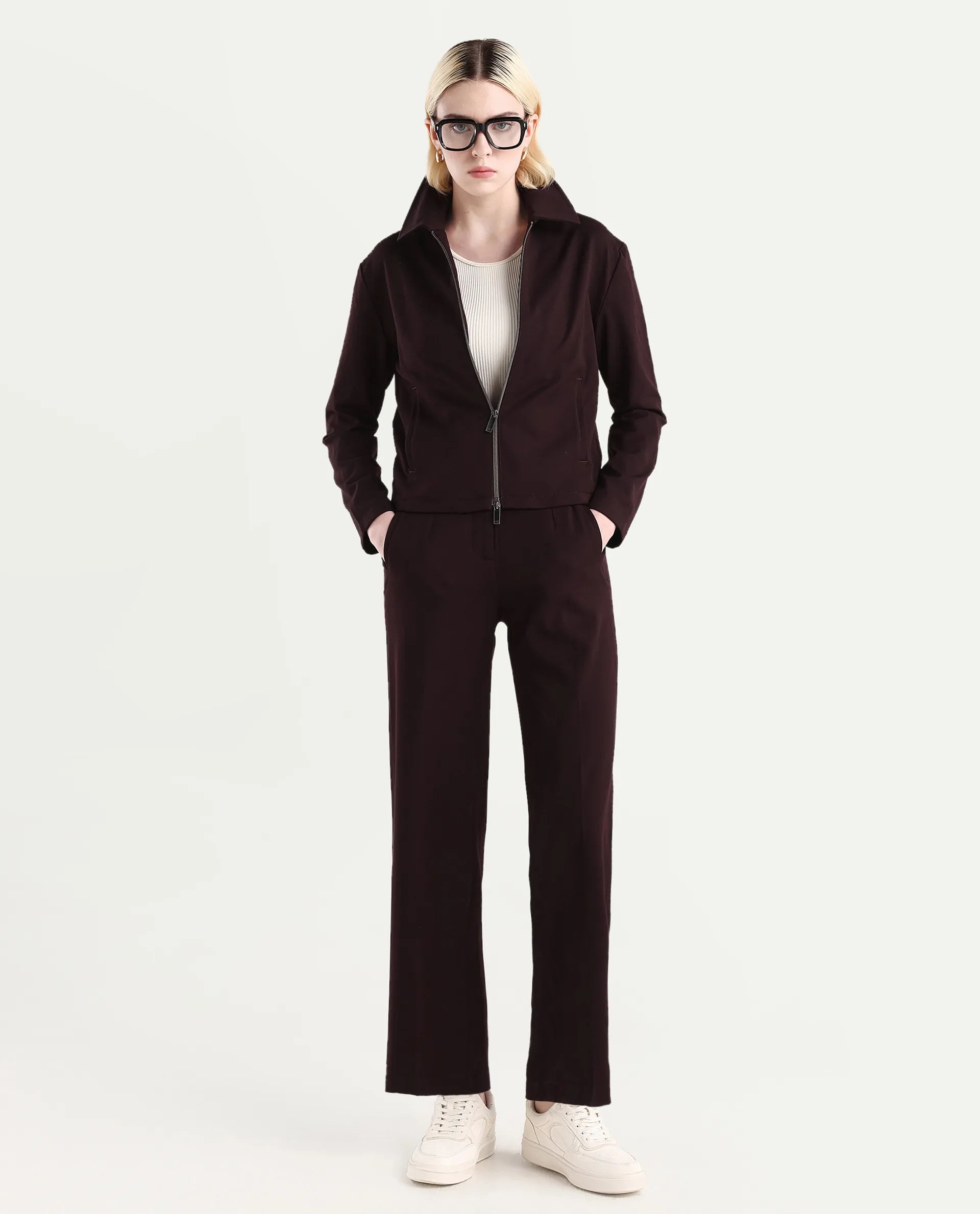 Rareism Women's Nizloz Maroon Polyester Blend Spread Collar Regular Plain Jacket