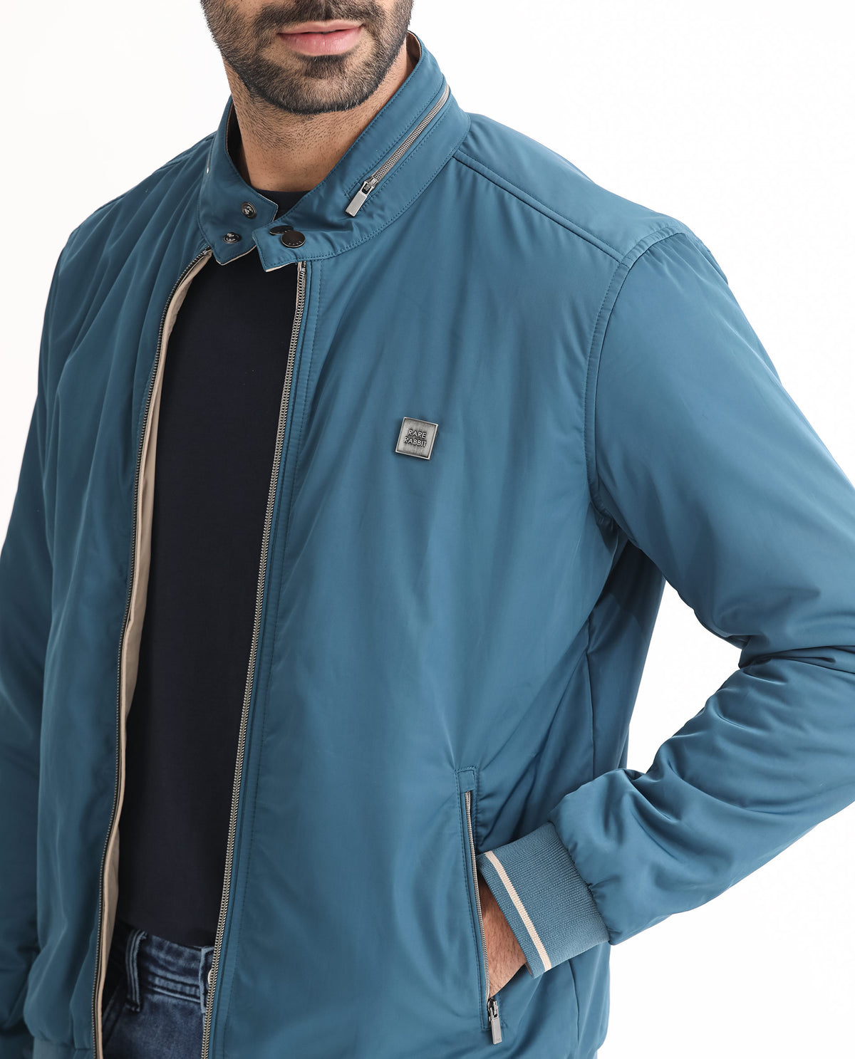 Rare Rabbit Men's Royban Beige Classic Mandarin Collar Bomber Jacket