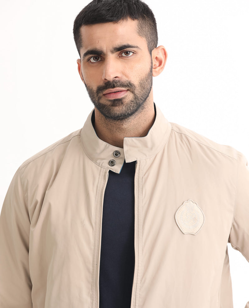 RARE RABBIT MENS ROYBAN BEIGE JACKET POLYESTER FABRIC HIGH NECK WOVEN FULL SLEEVES BUTTON AND ZIP CLOSURE COMFORTABLE FIT