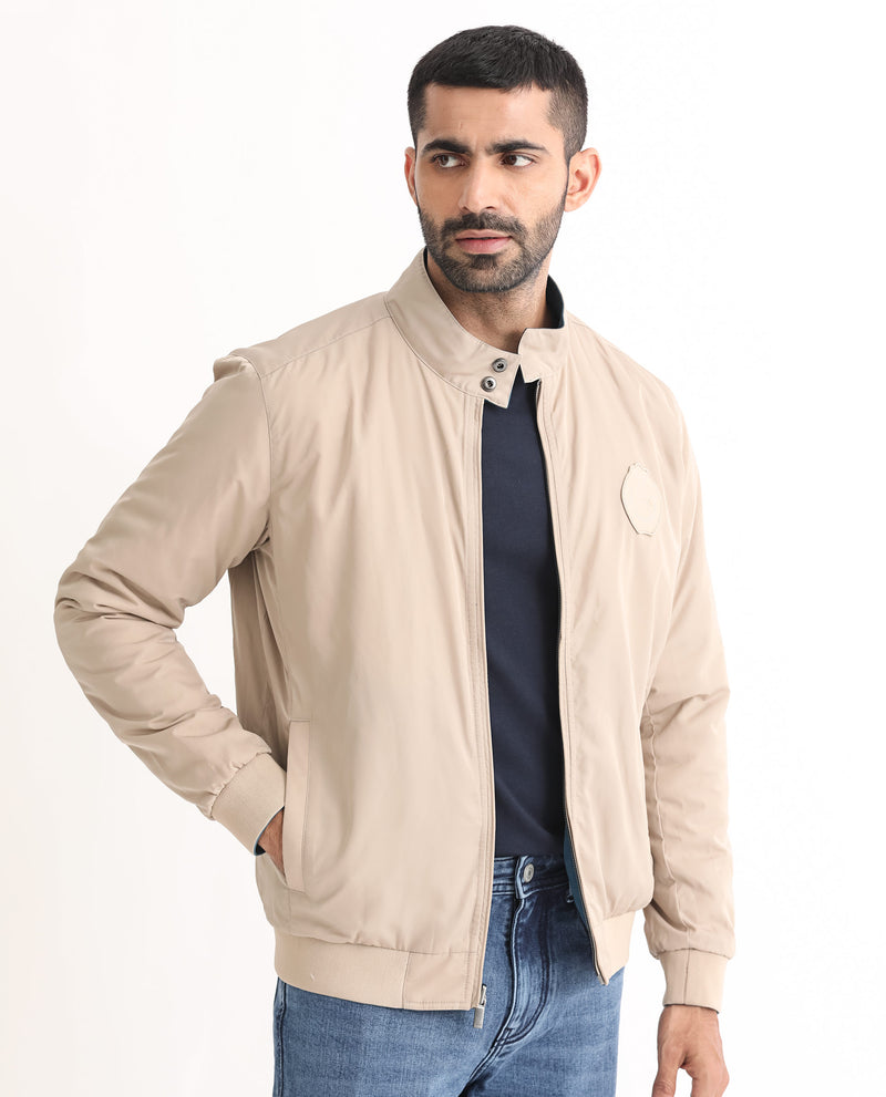 RARE RABBIT MENS ROYBAN BEIGE JACKET POLYESTER FABRIC HIGH NECK WOVEN FULL SLEEVES BUTTON AND ZIP CLOSURE COMFORTABLE FIT