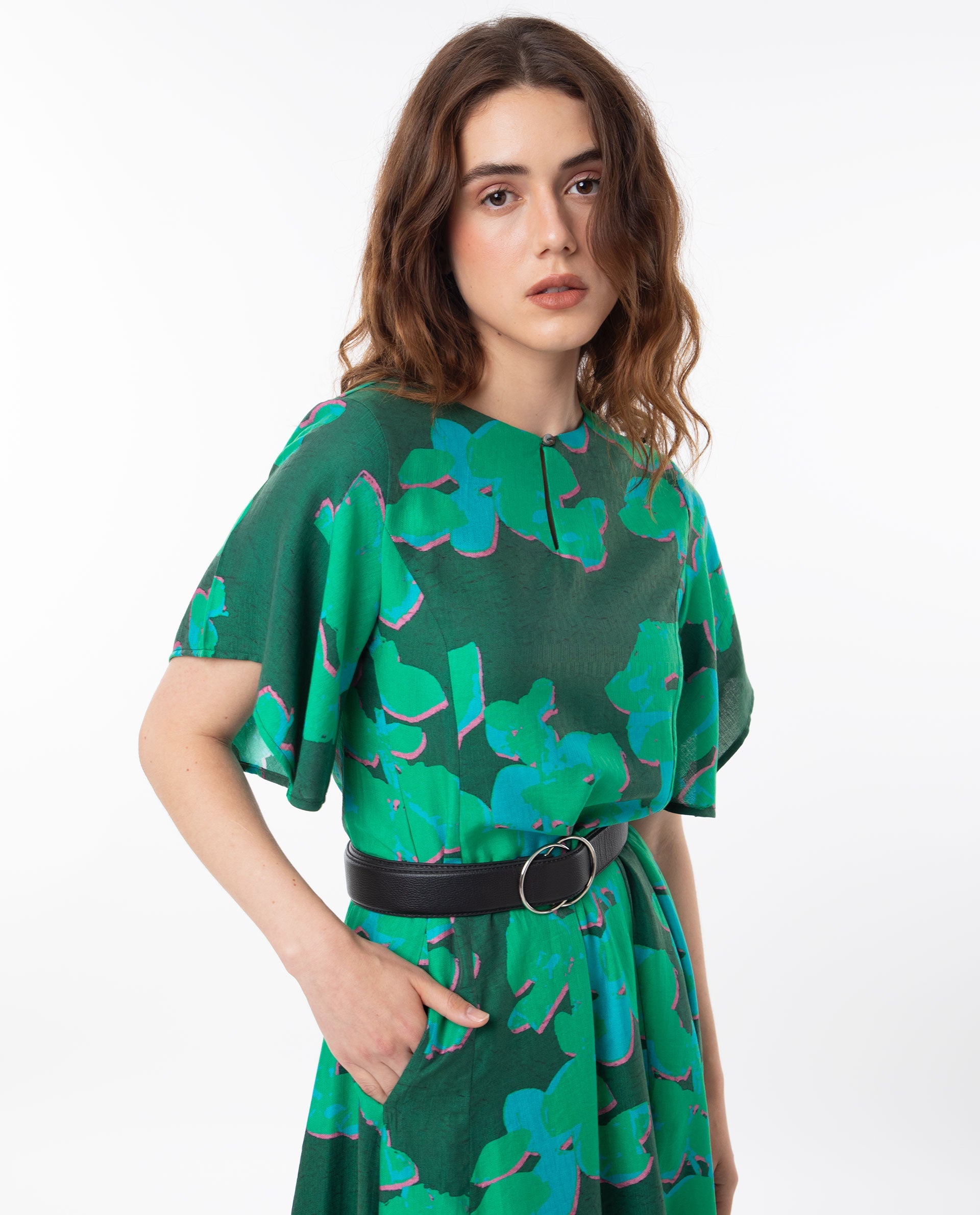 Rareism Women Kanda Green Poly Viscose Fabric Short Sleeves Button Closure Round Neck Bell Sleeve Regular Fit Abstract Print Midi Asymmetric Dress