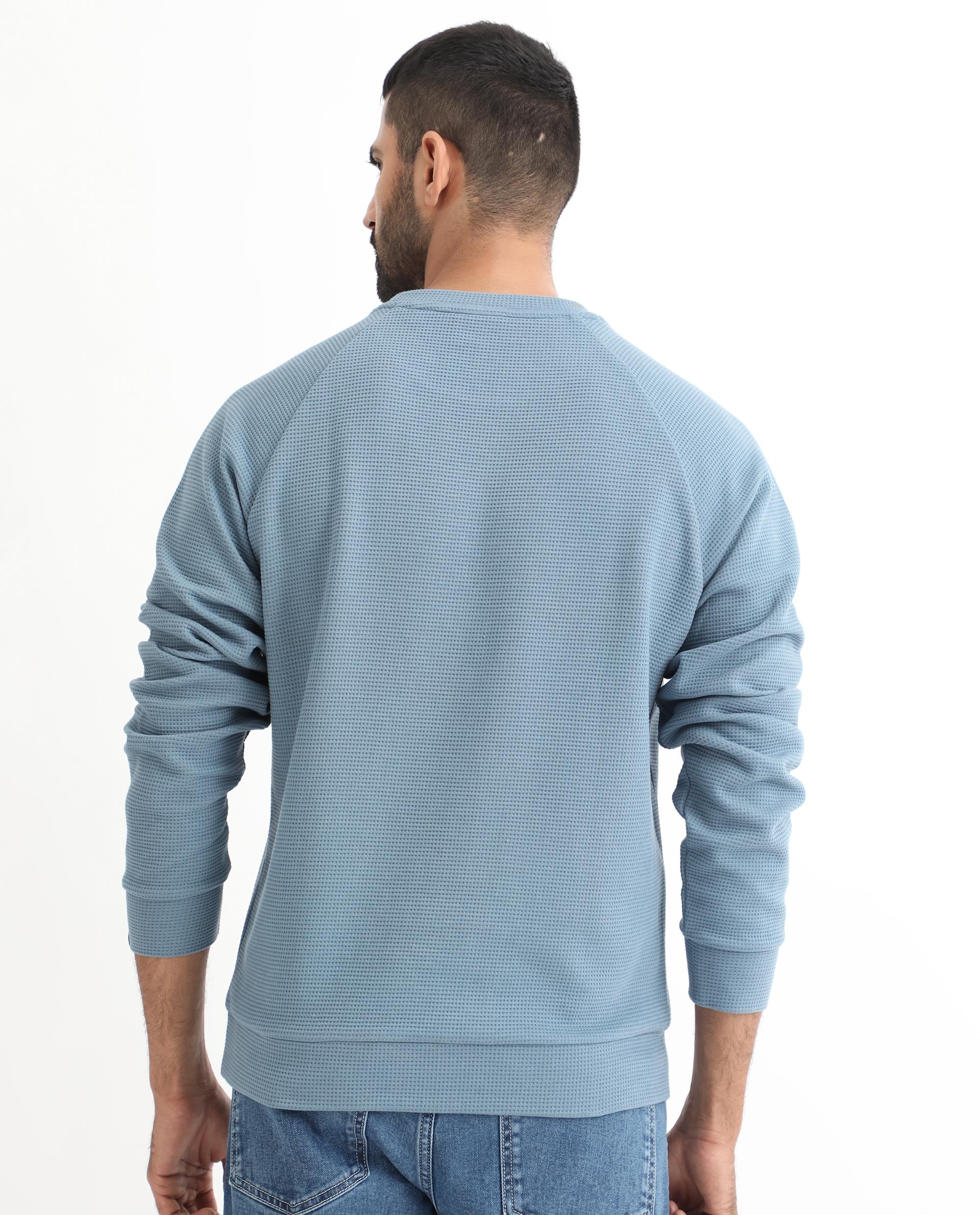 Rare Rabbit Mens Sven Teal Sweatshirt Cotton Polyester Fabric Round Neck Knitted Full Sleeves Comfortable Fit