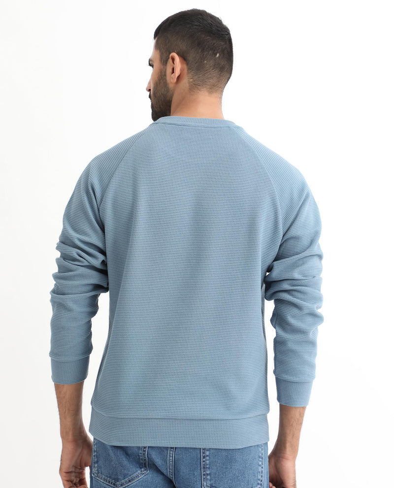 RARE RABBIT MENS SVEN TEAL SWEATSHIRT COTTON POLYESTER FABRIC ROUND NECK KNITTED FULL SLEEVES COMFORTABLE FIT