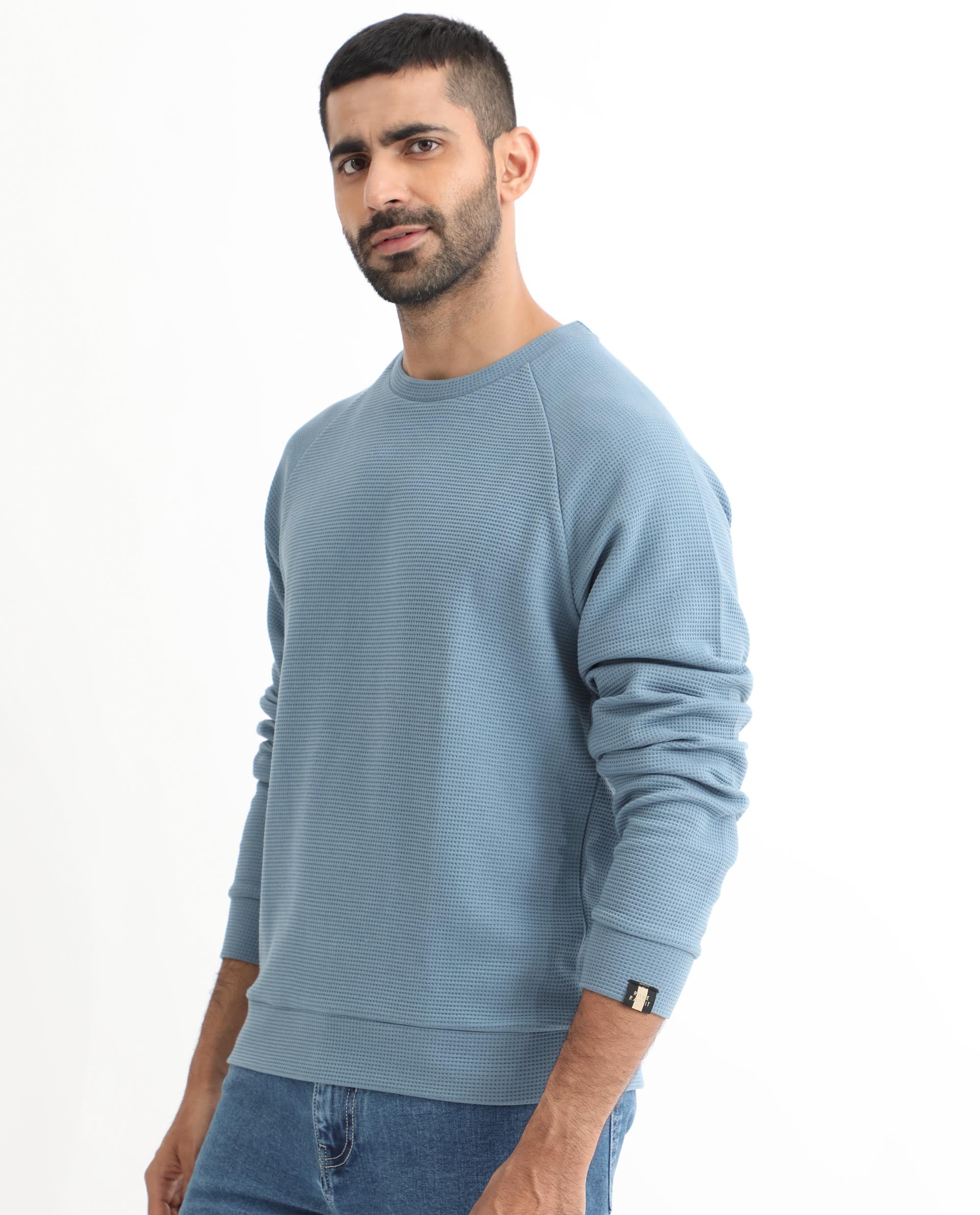 Rare Rabbit Mens Sven Teal Sweatshirt Cotton Polyester Fabric Round Neck Knitted Full Sleeves Comfortable Fit