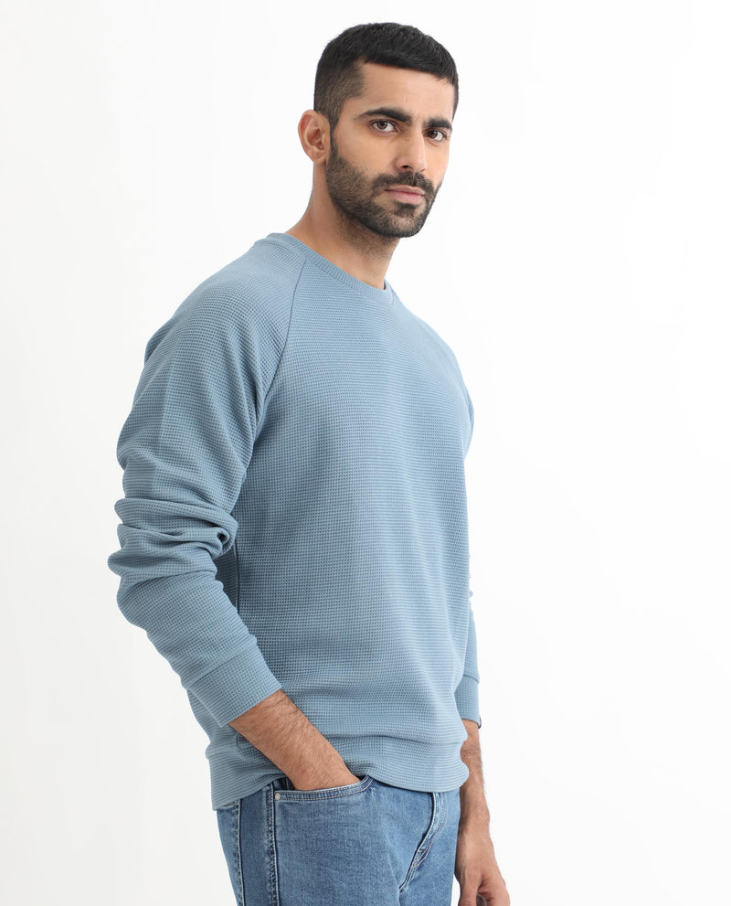 RARE RABBIT MENS SVEN TEAL SWEATSHIRT COTTON POLYESTER FABRIC ROUND NECK KNITTED FULL SLEEVES COMFORTABLE FIT