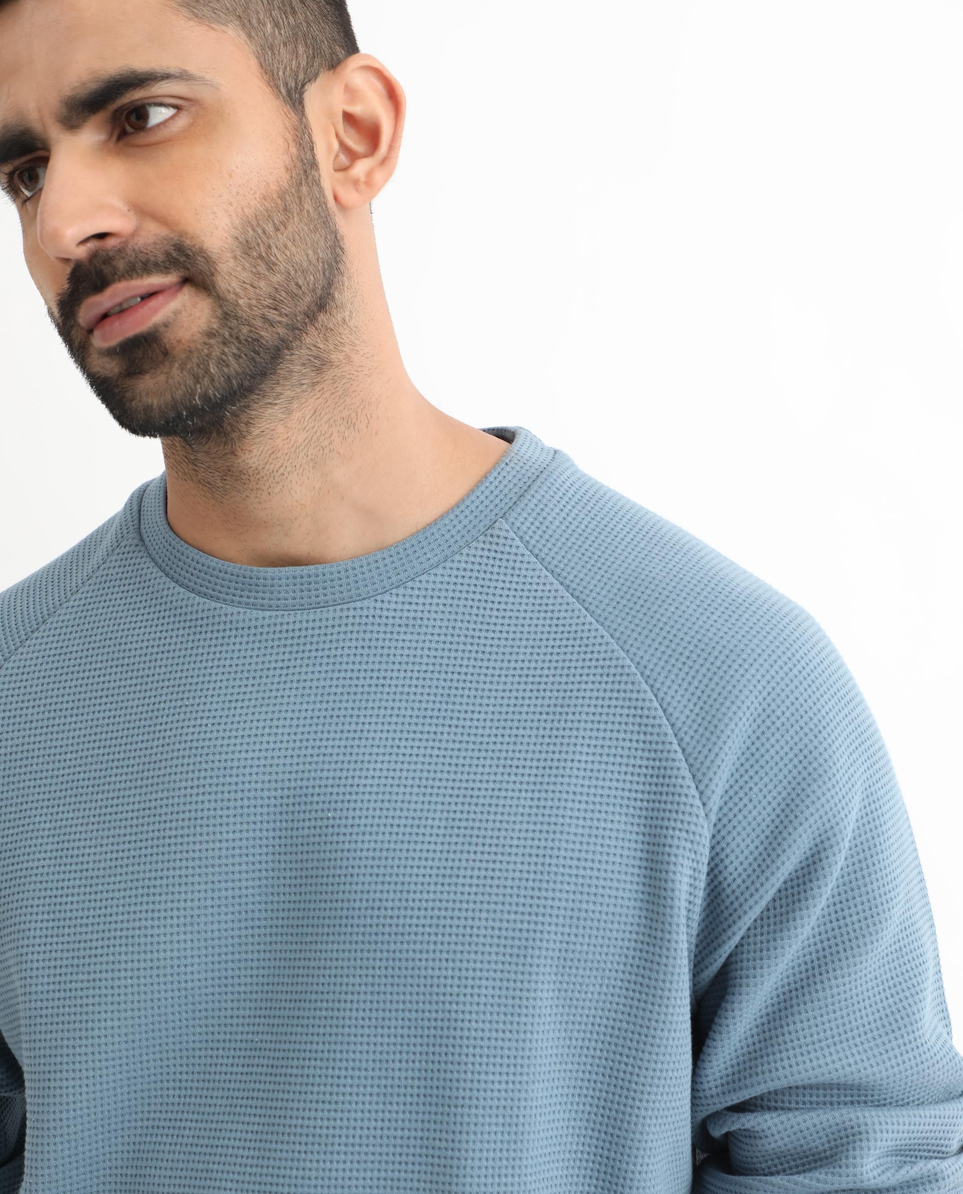 Rare Rabbit Mens Sven Teal Sweatshirt Cotton Polyester Fabric Round Neck Knitted Full Sleeves Comfortable Fit