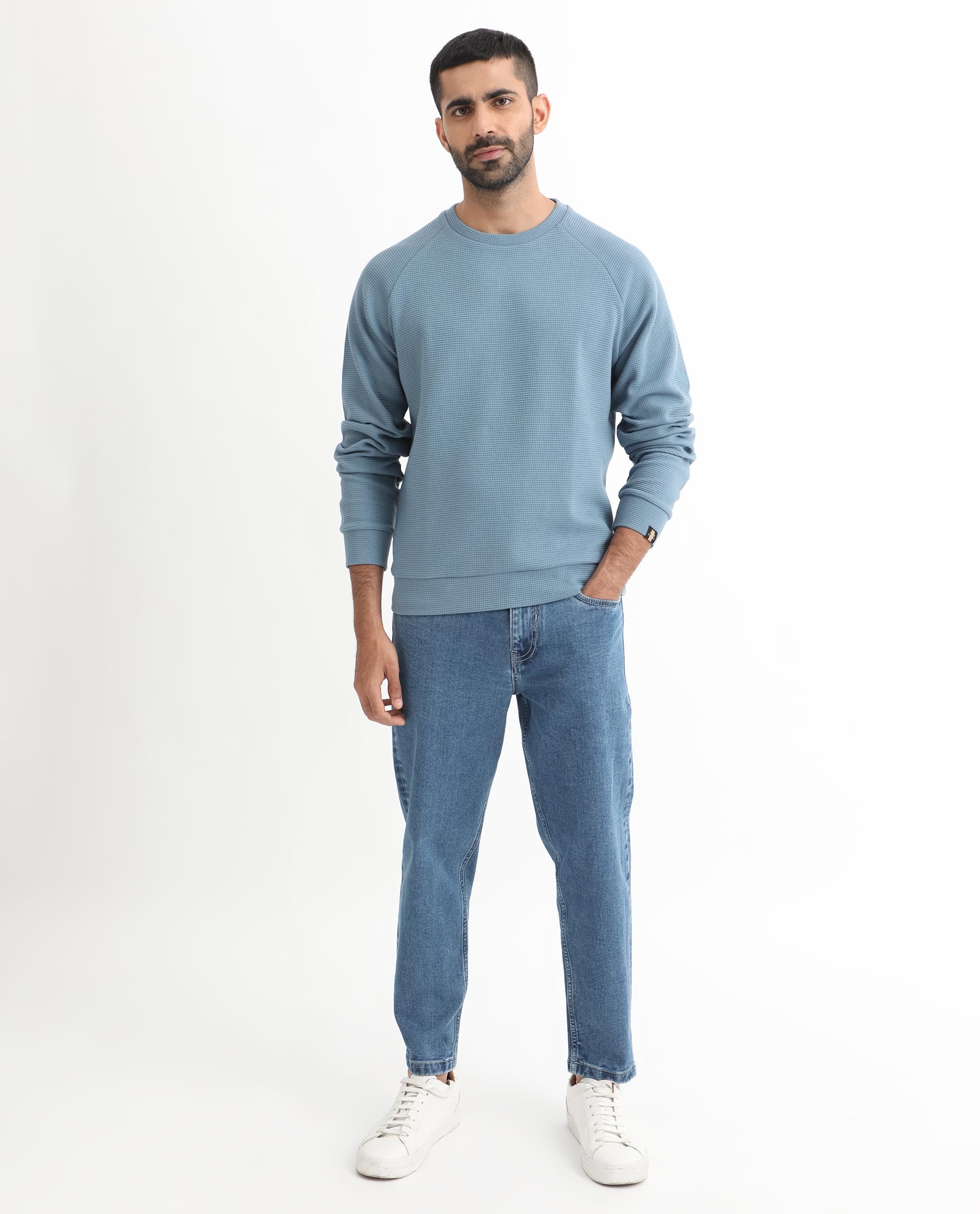 Rare Rabbit Mens Sven Teal Sweatshirt Cotton Polyester Fabric Round Neck Knitted Full Sleeves Comfortable Fit