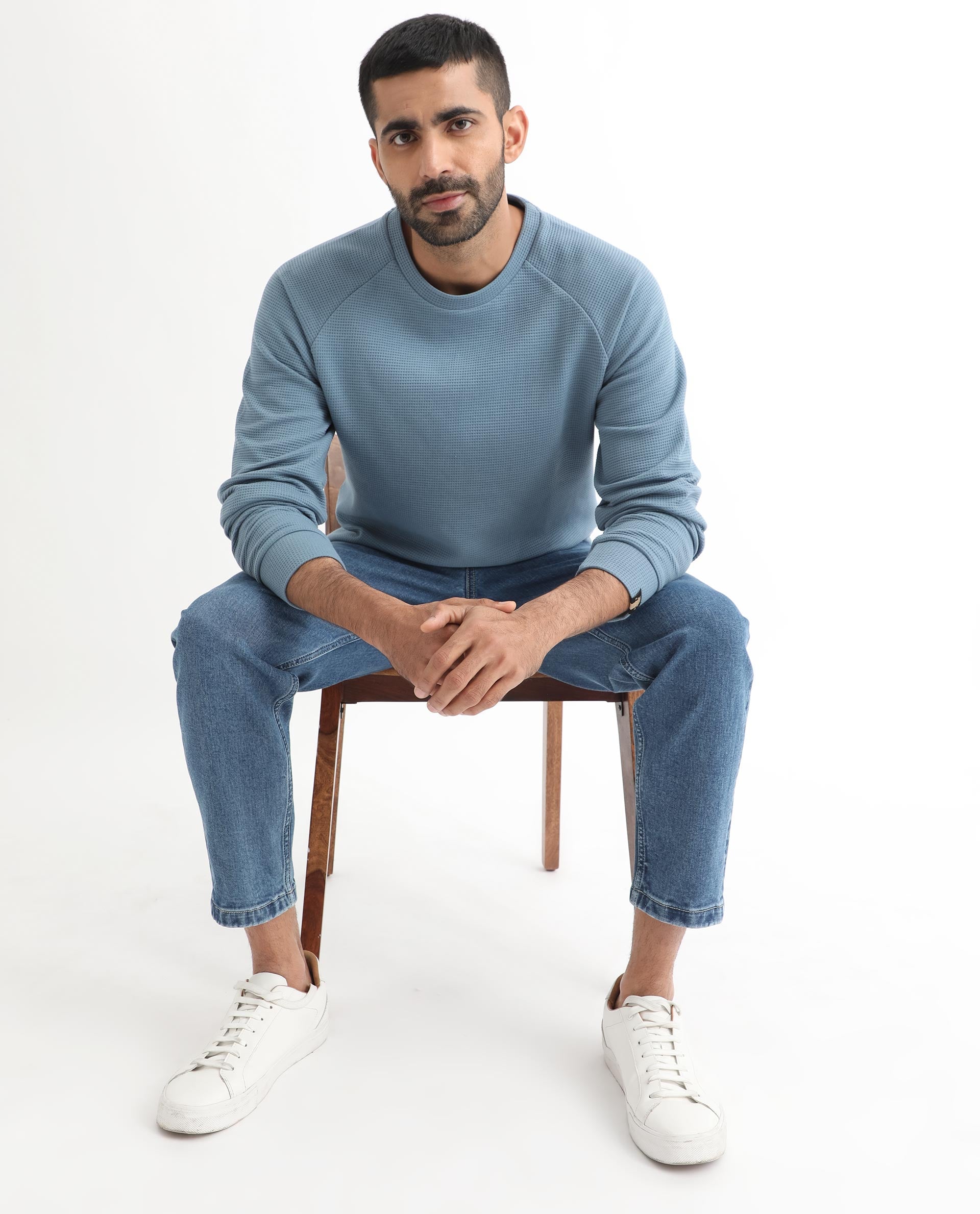 Rare Rabbit Mens Sven Teal Sweatshirt Cotton Polyester Fabric Round Neck Knitted Full Sleeves Comfortable Fit