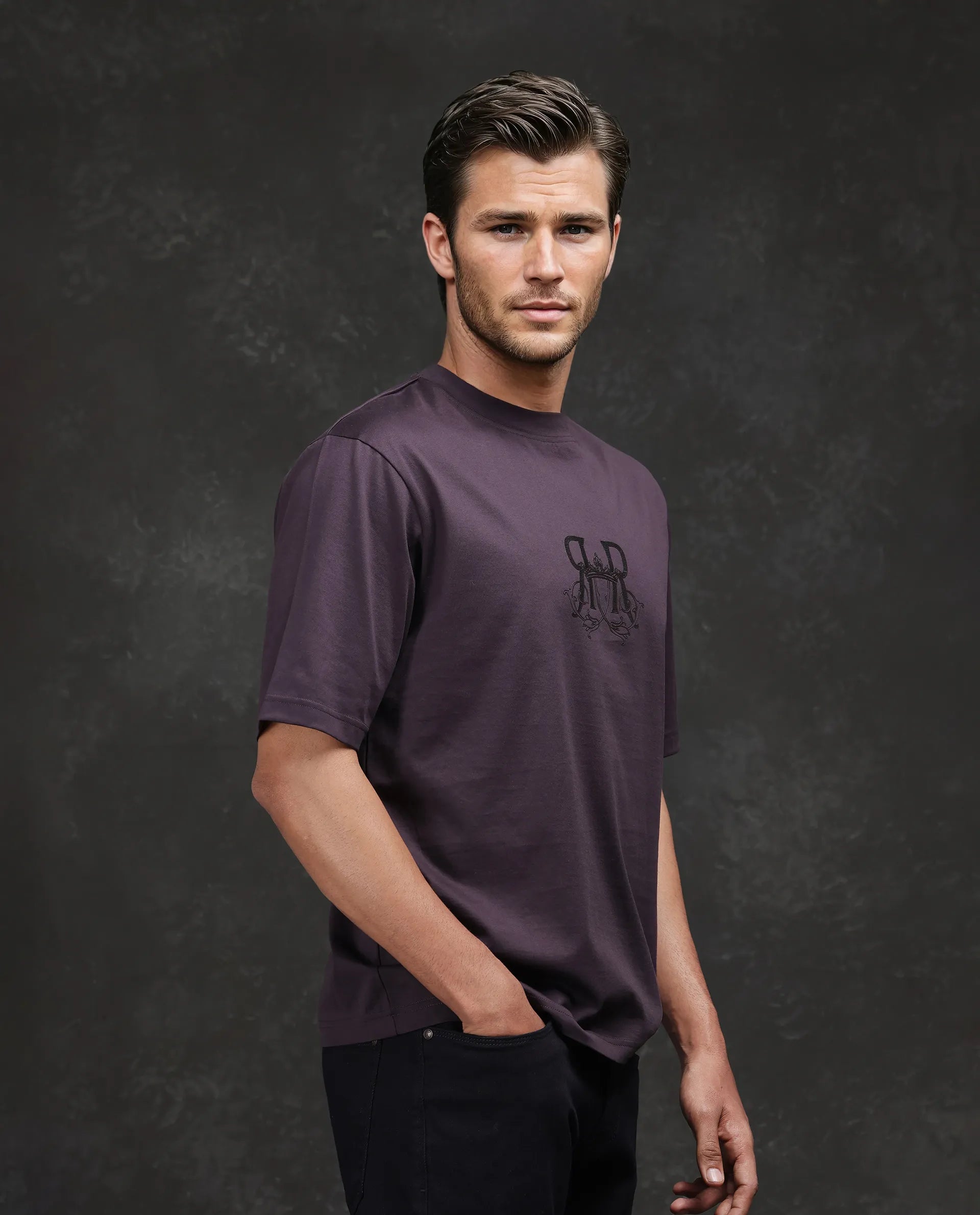 Rare Rabbit Men Noah Dark Purple Cotton Fabric Short Sleeve Crew Neck Printed T-Shirt