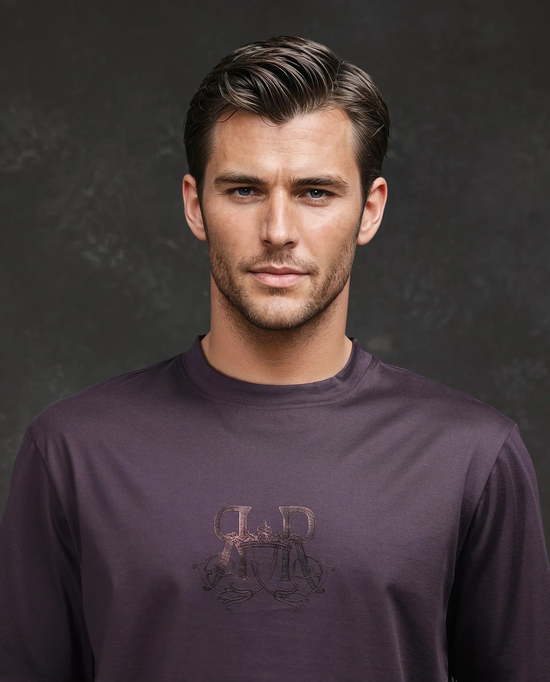 Rare Rabbit Men Noah Dark Purple Cotton Fabric Short Sleeve Crew Neck Printed T-Shirt