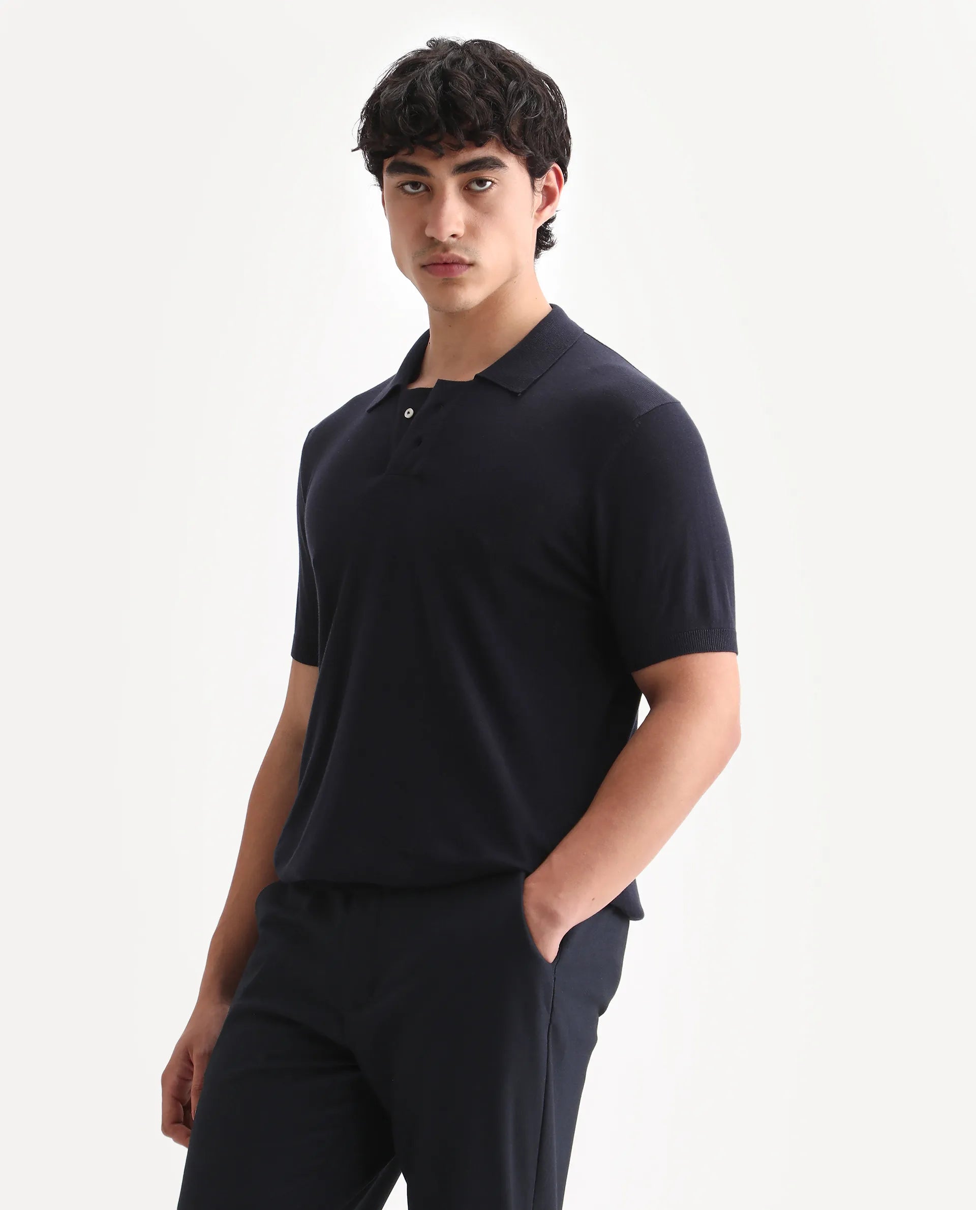 Rare Rabbit Men's Noah Navy Cotton Plain Slim Fit Half Sleeve Polo