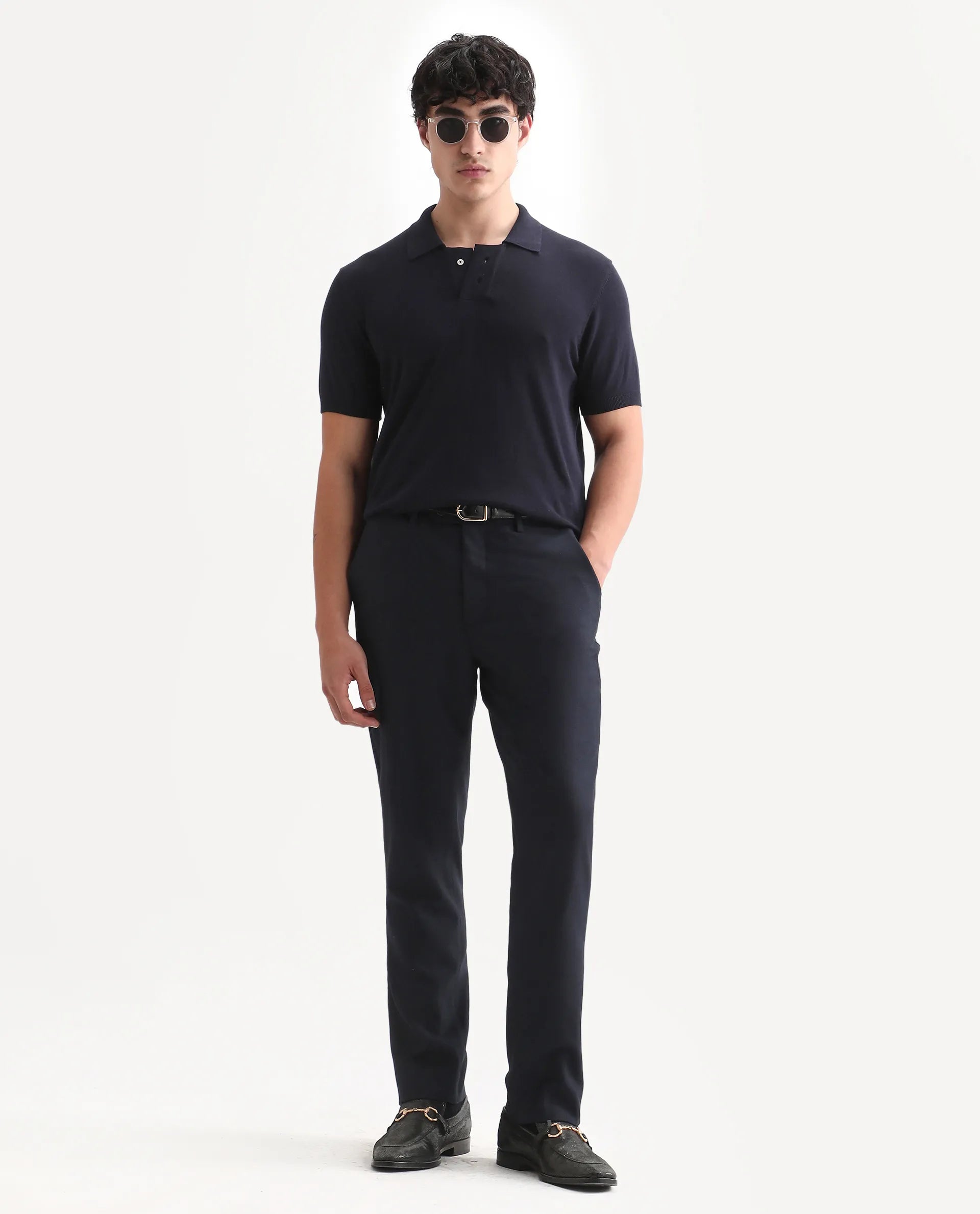 Rare Rabbit Men's Noah Navy Cotton Plain Slim Fit Half Sleeve Polo