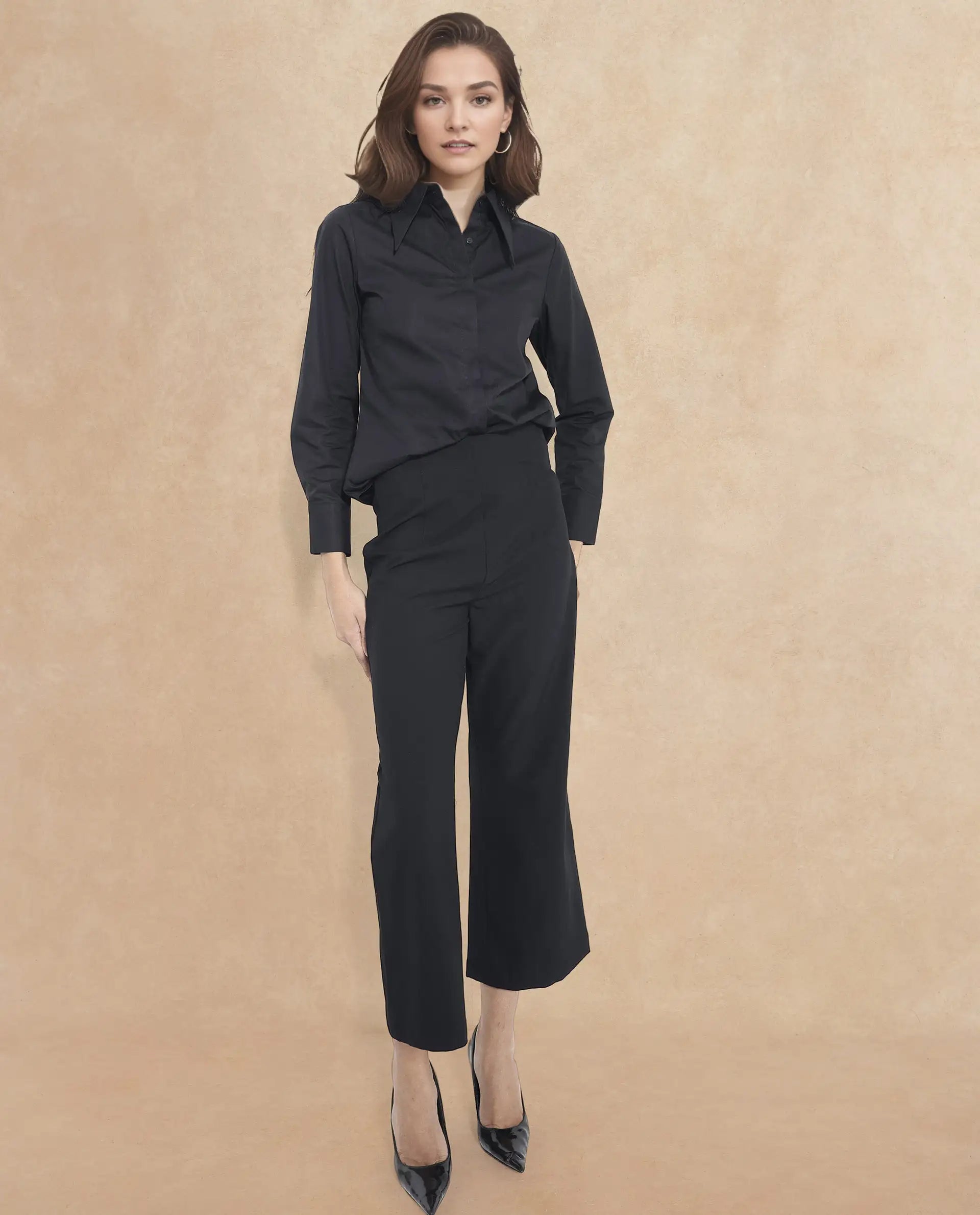 Rareism Women's Noahti Black Cotton Plain Ankle Length Wide Trouser