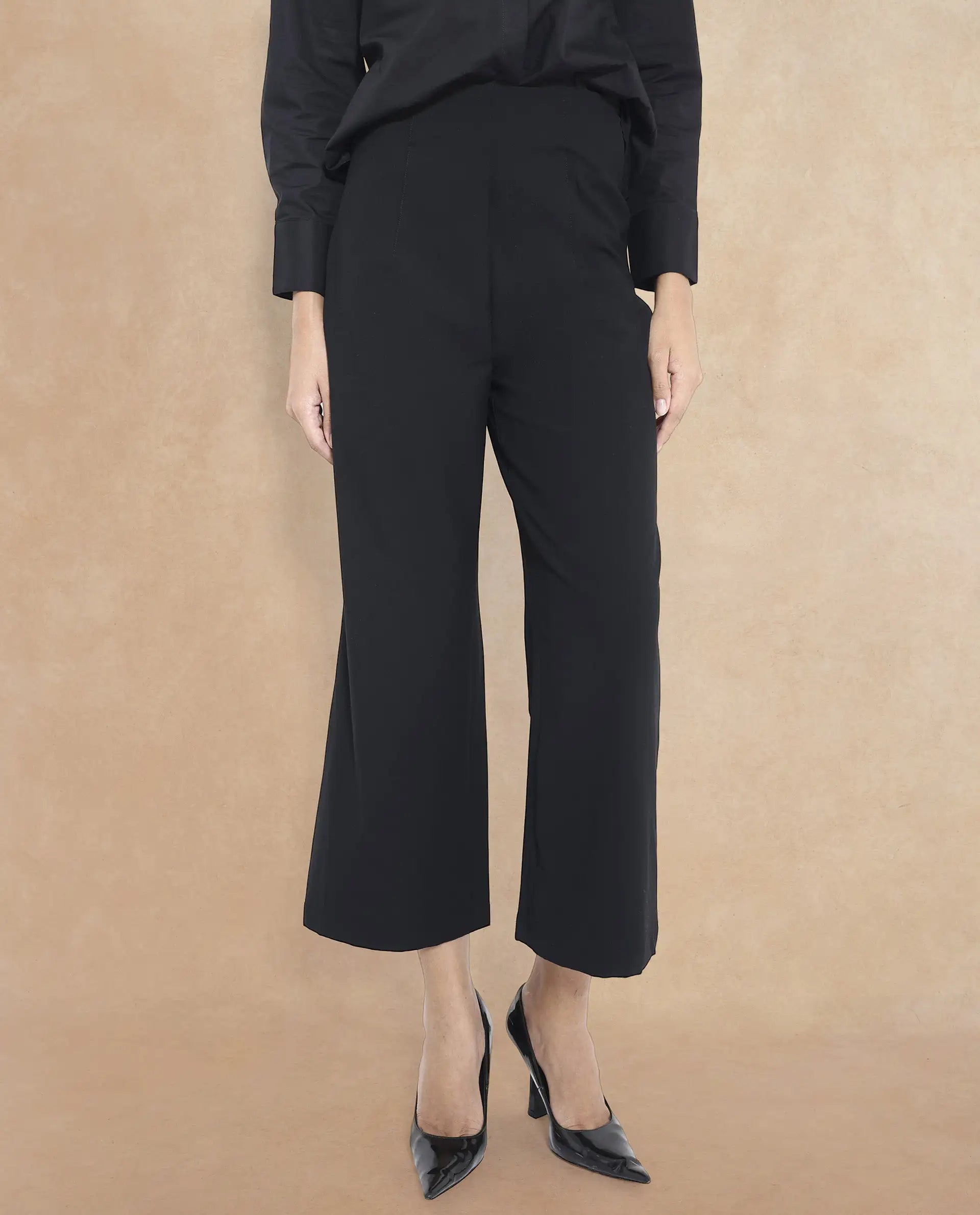 Rareism Women's Noahti Black Cotton Plain Ankle Length Wide Trouser