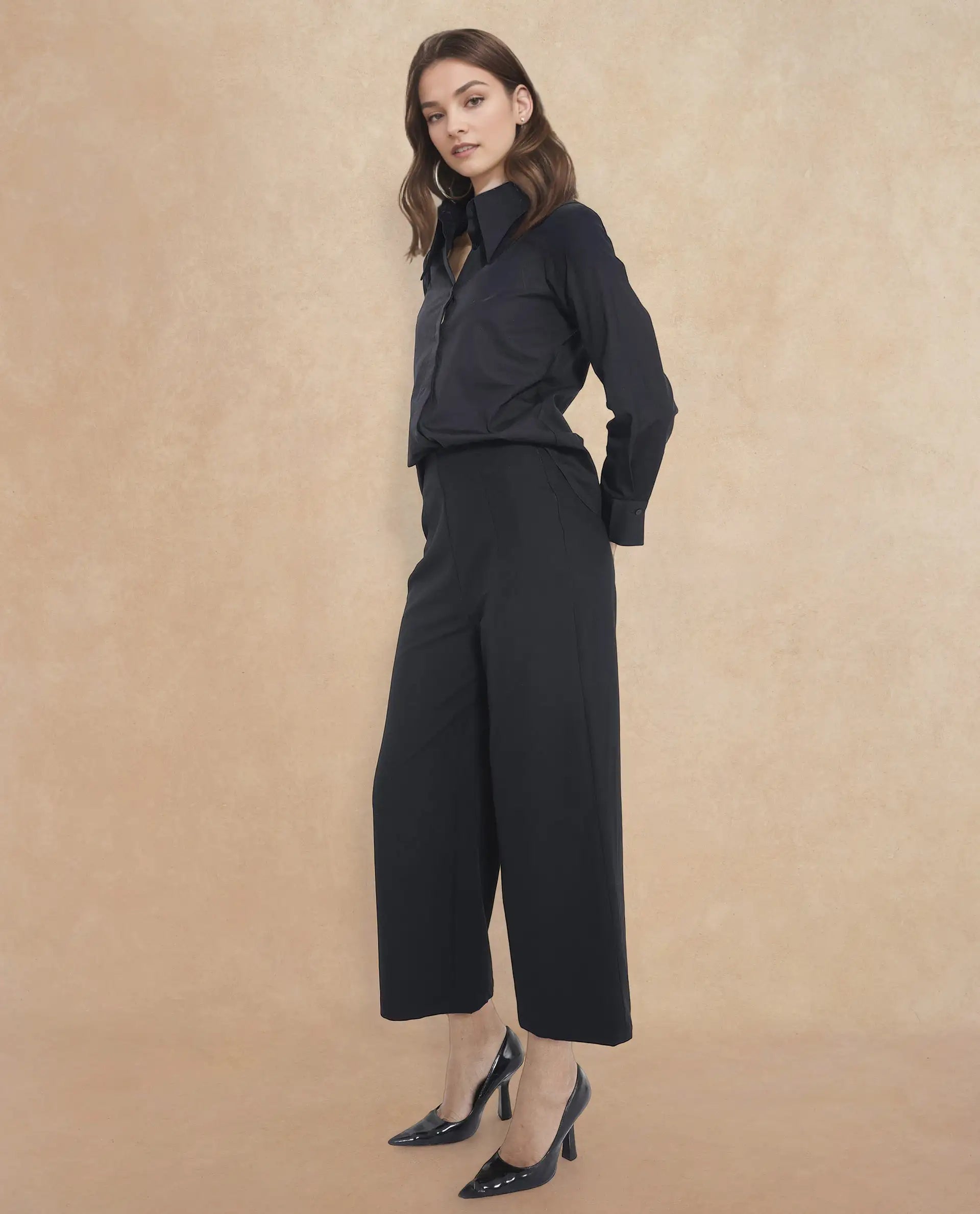 Rareism Women's Noahti Black Cotton Plain Ankle Length Wide Trouser