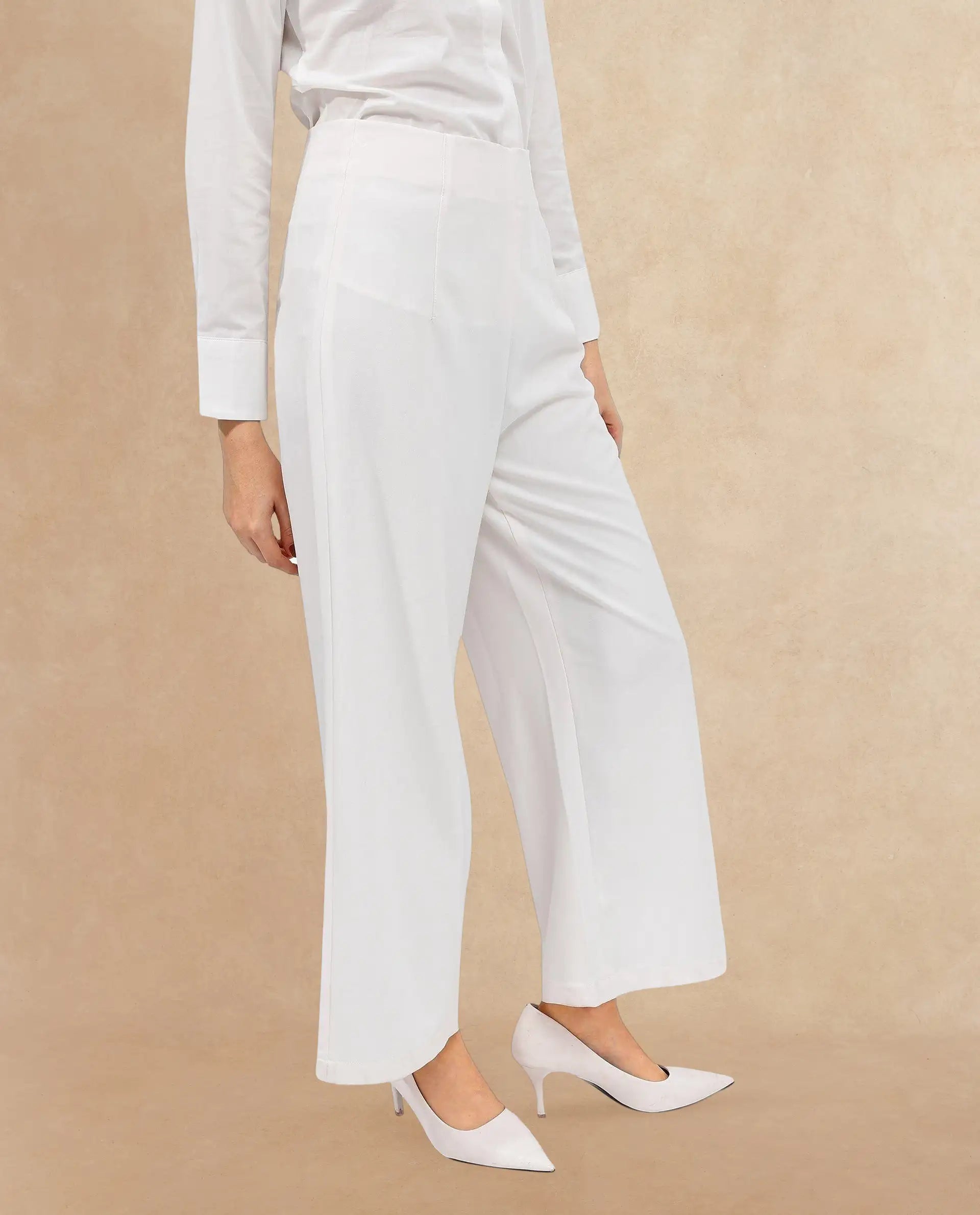 Rareism Women's Noahti White Cotton Plain Ankle Length Wide Trouser