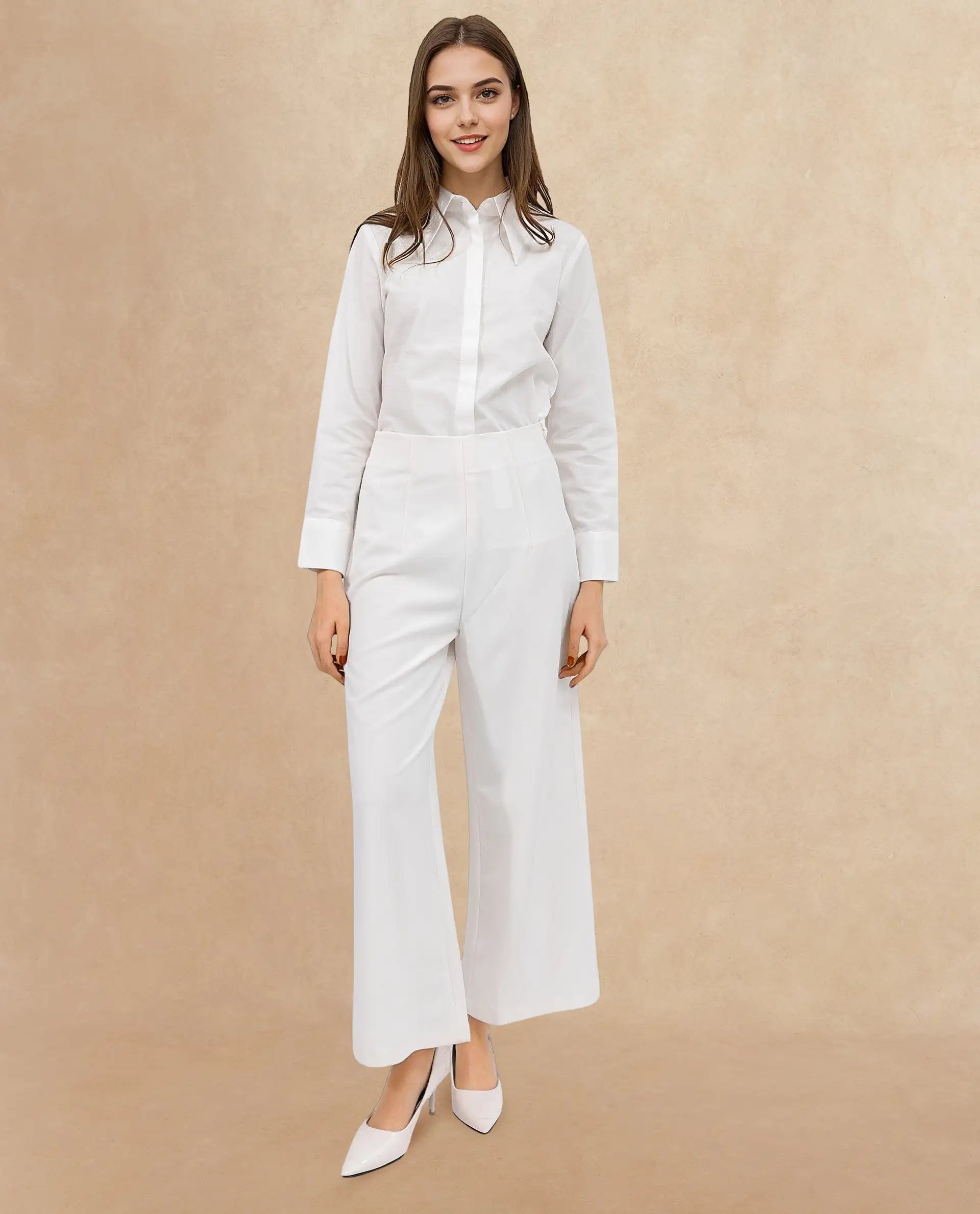 Rareism Women's Noahti White Cotton Plain Ankle Length Wide Trouser