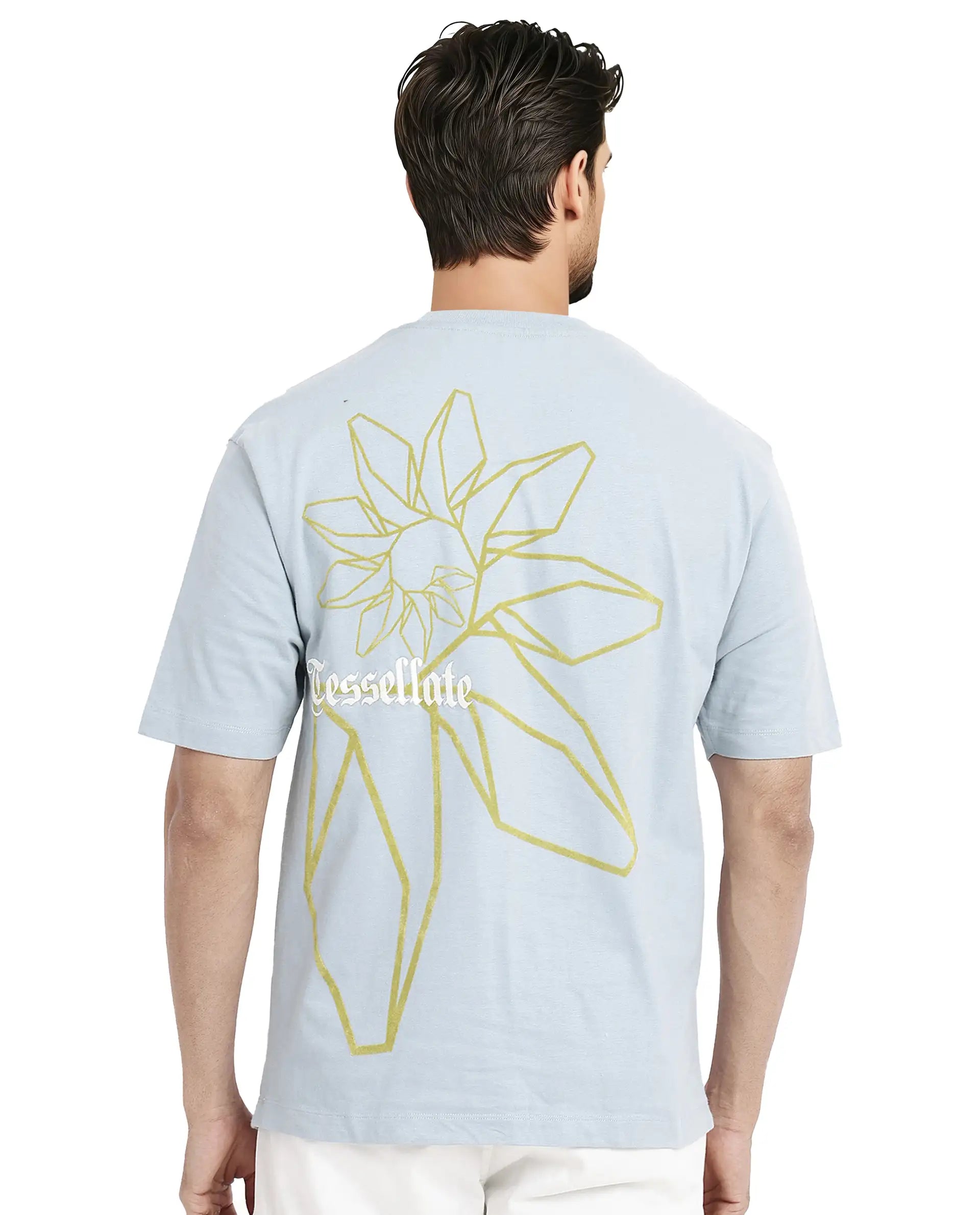 Rare Rabbit Men Noa Light Blue Cotton Fabric Short Sleeve Crew Neck Oversized Fit Graphic Back Print T-Shirt