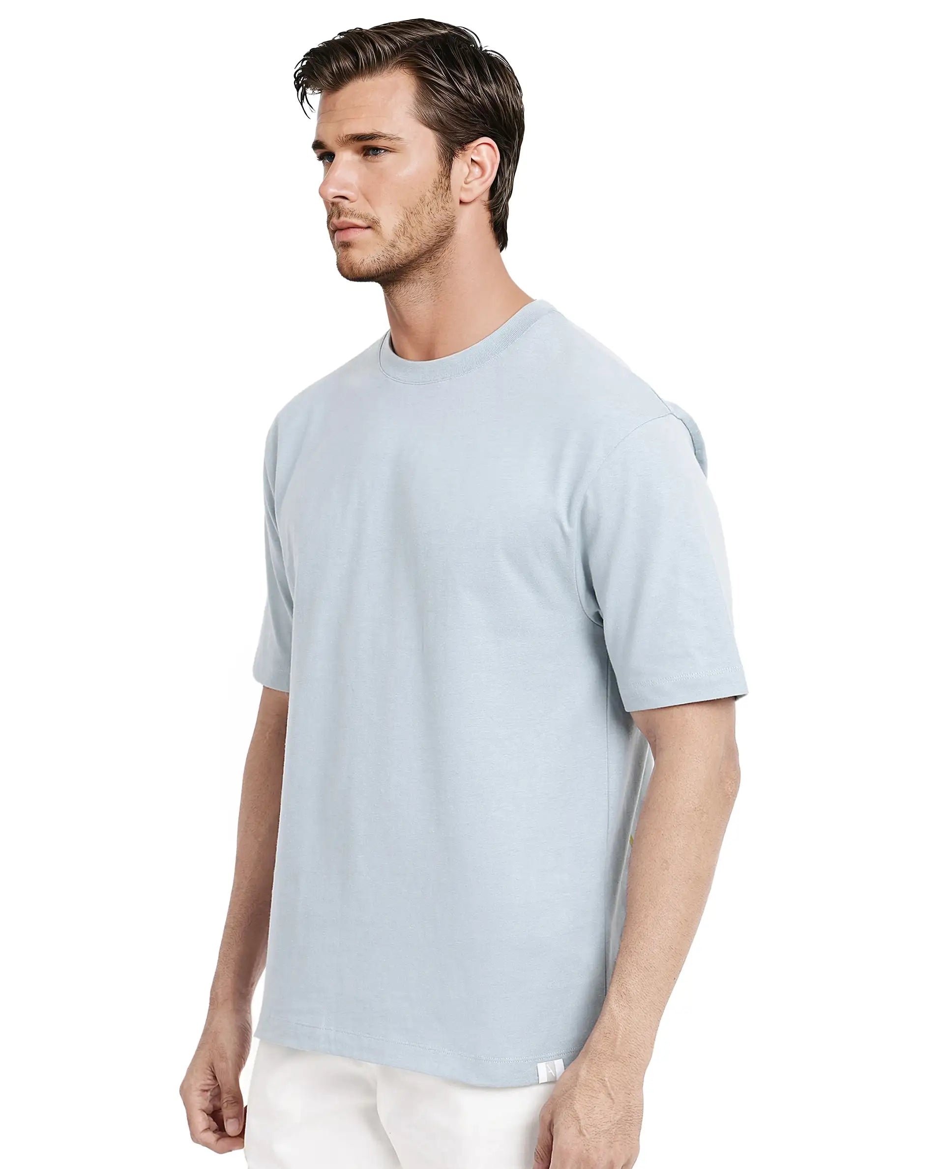 Rare Rabbit Men Noa Light Blue Cotton Fabric Short Sleeve Crew Neck Oversized Fit Graphic Back Print T-Shirt