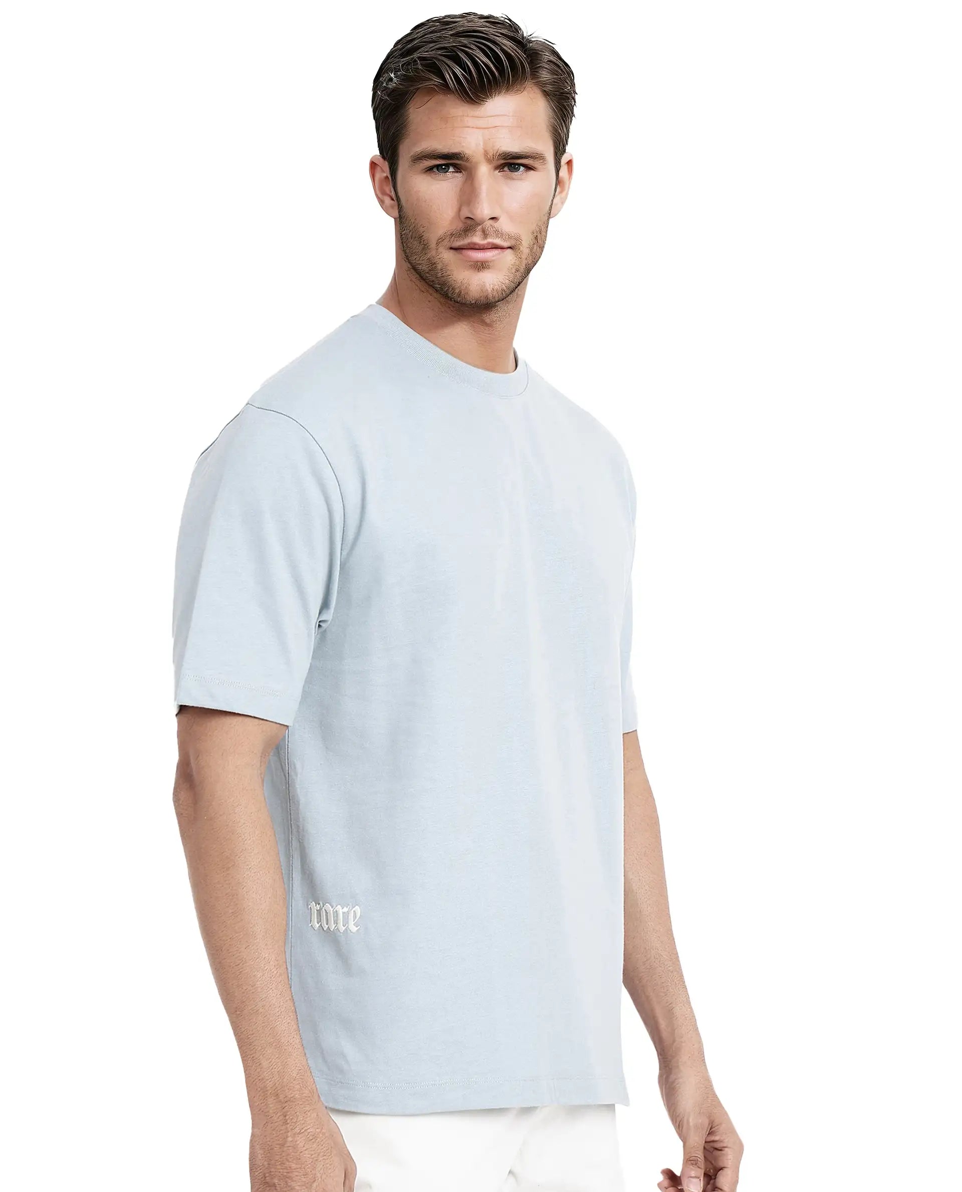 Rare Rabbit Men Noa Light Blue Cotton Fabric Short Sleeve Crew Neck Oversized Fit Graphic Back Print T-Shirt