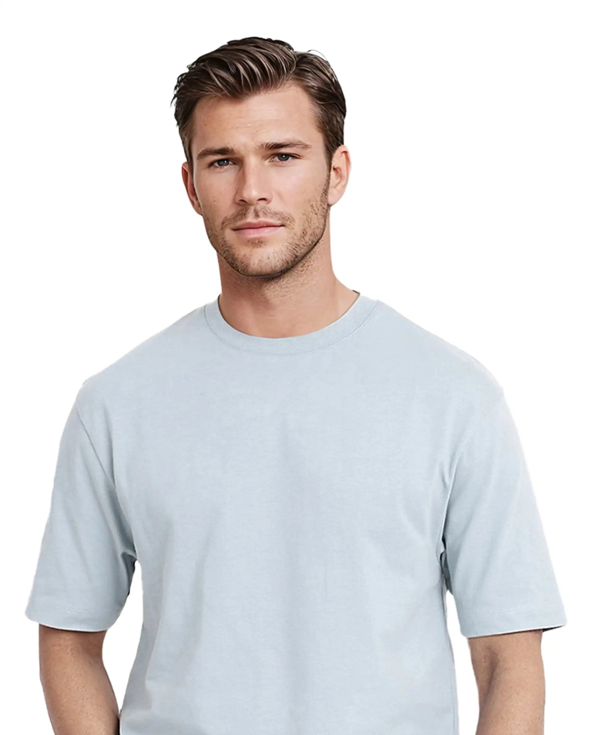 Rare Rabbit Men Noa Light Blue Cotton Fabric Short Sleeve Crew Neck Oversized Fit Graphic Back Print T-Shirt