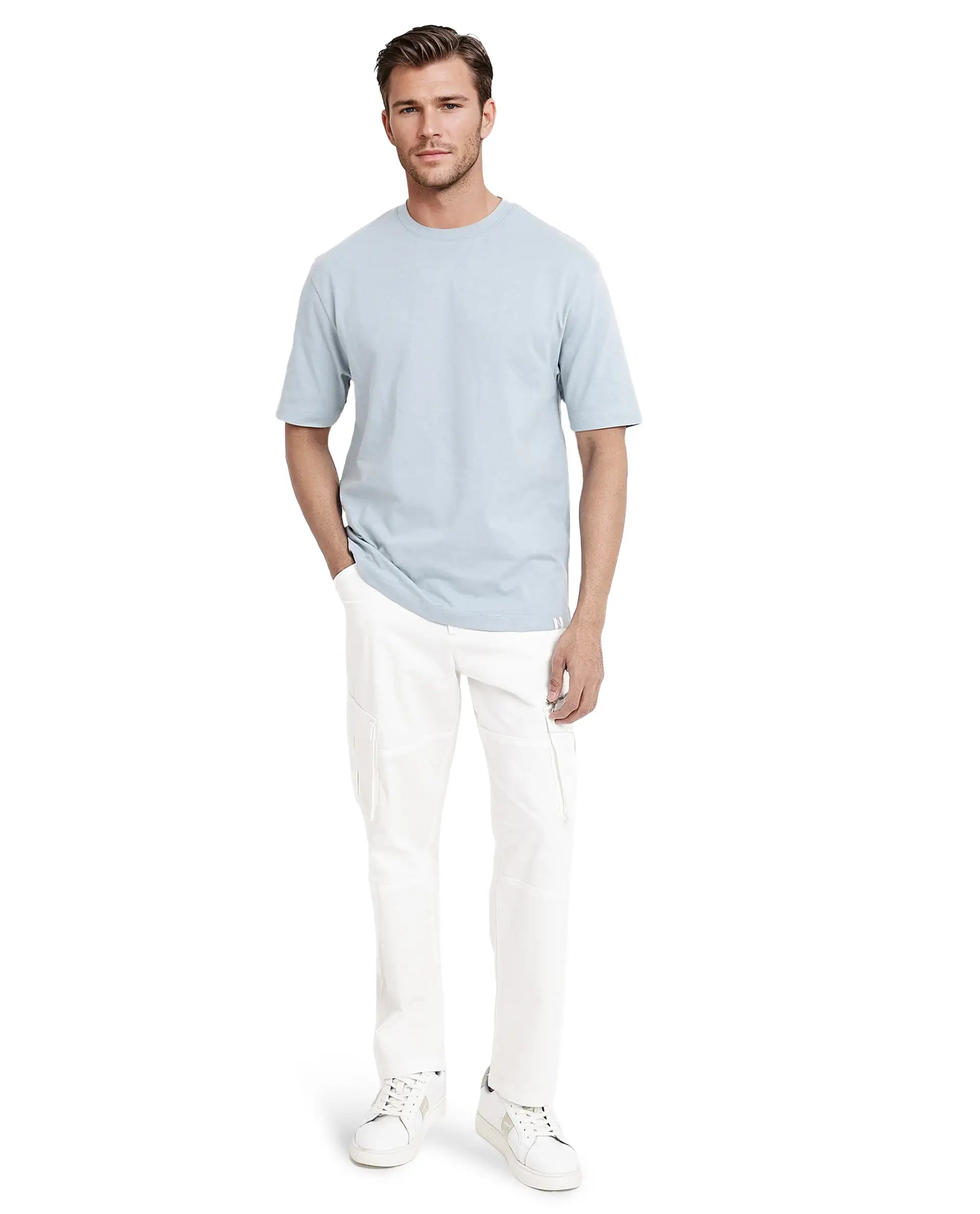 Rare Rabbit Men Noa Light Blue Cotton Fabric Short Sleeve Crew Neck Oversized Fit Graphic Back Print T-Shirt