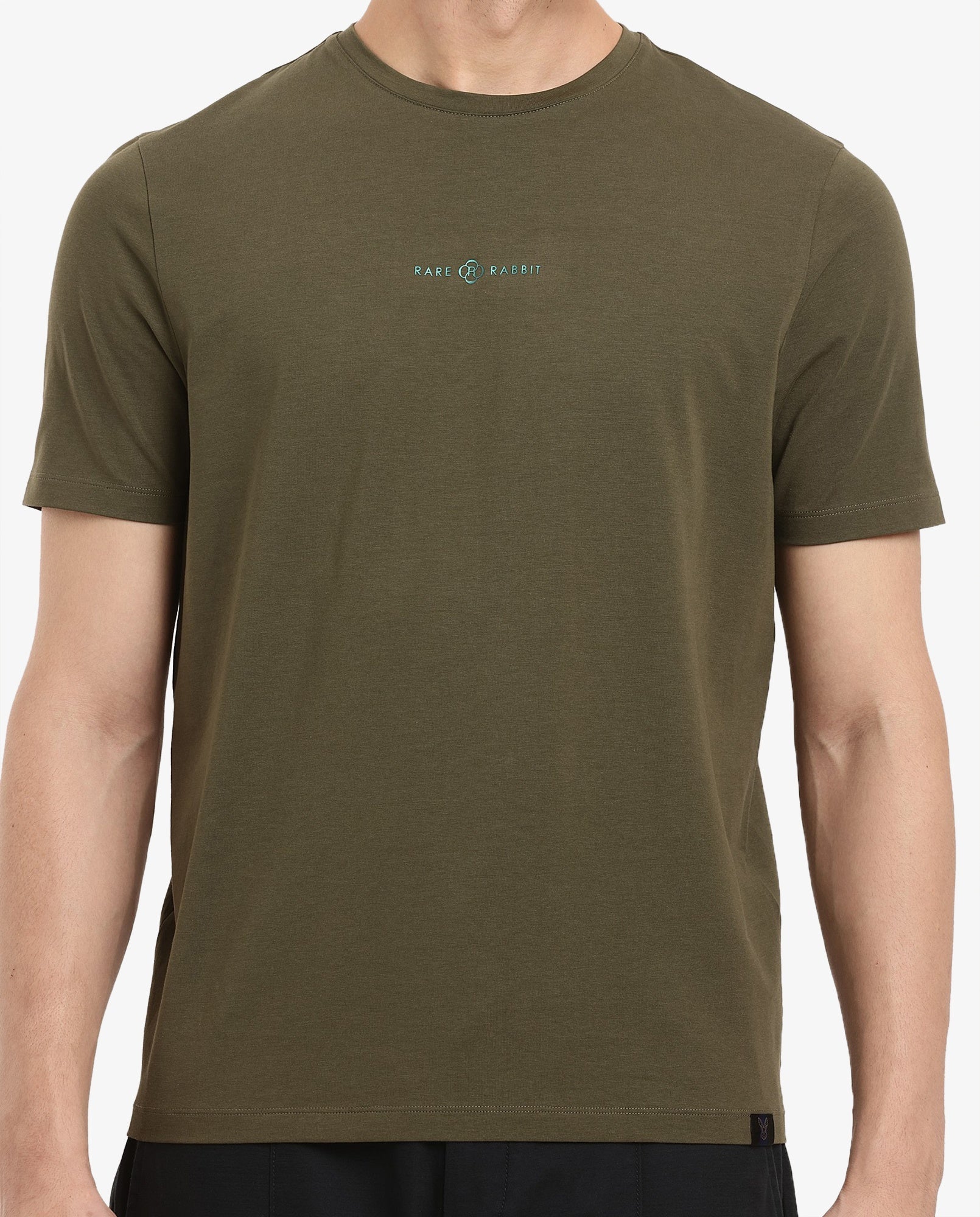 Rare Rabbit Men Noam Dusky Olive Cotton Lycra Fabric Short Sleeve Crew Neck Regular Fit Graphic Print T-Shirt