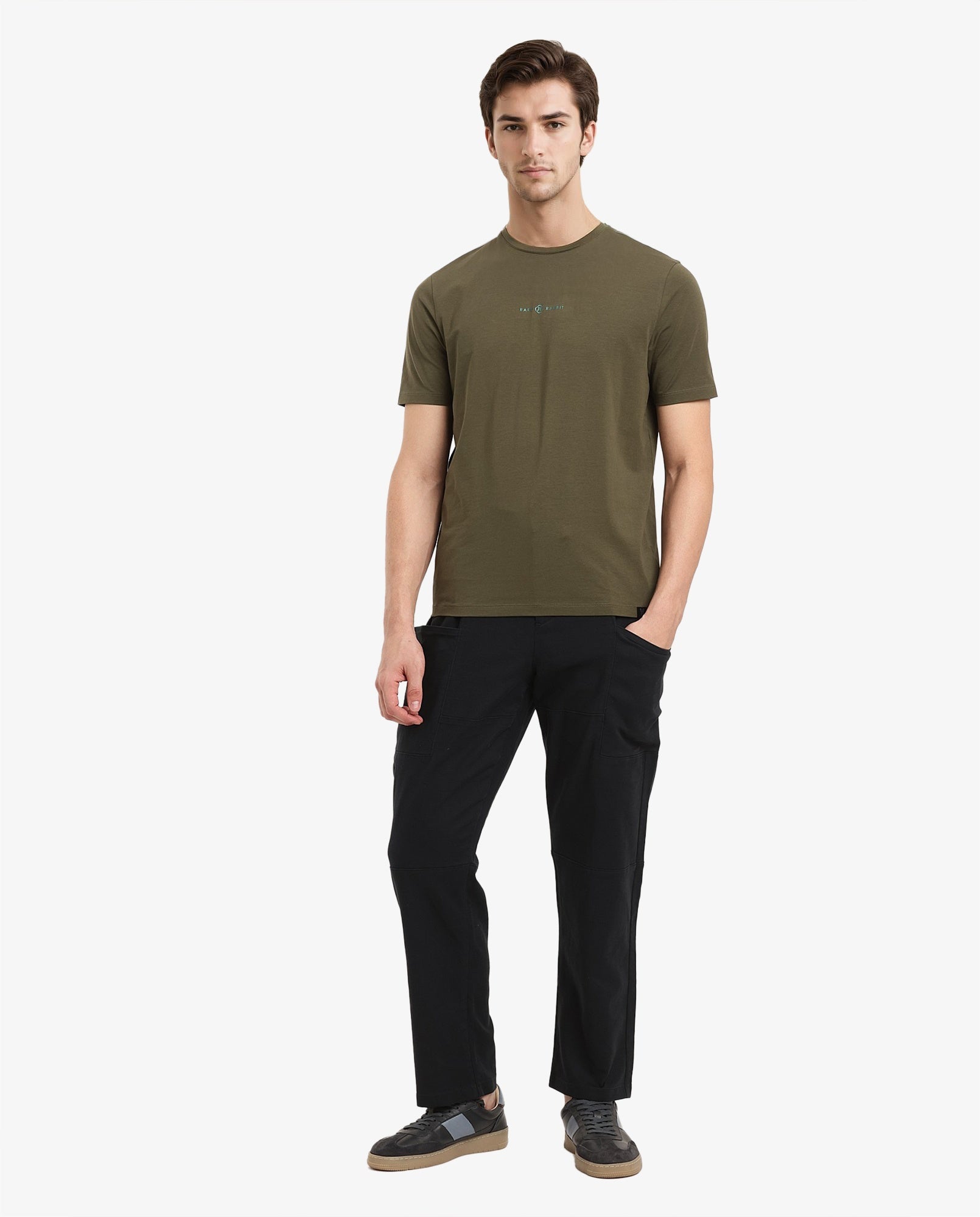 Rare Rabbit Men Noam Dusky Olive Cotton Lycra Fabric Short Sleeve Crew Neck Regular Fit Graphic Print T-Shirt