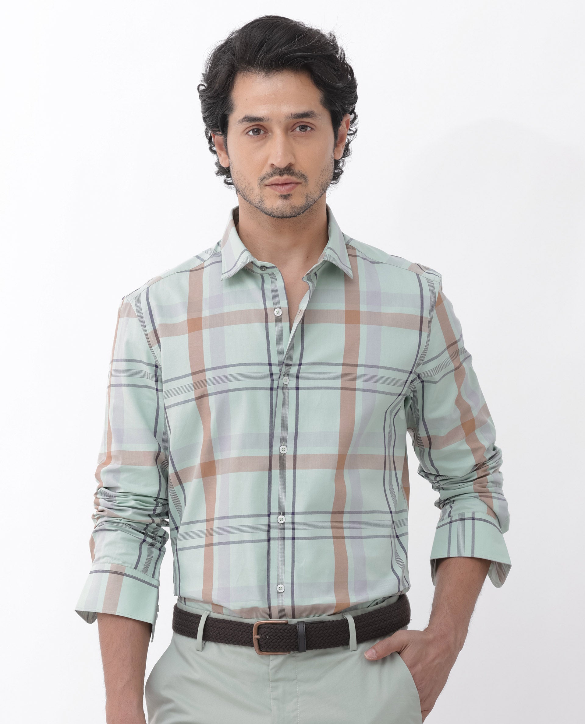 Rare Rabbit Mens Noan Dusky Green Full Sleeve Multicolor Windowpane Checks Shirt