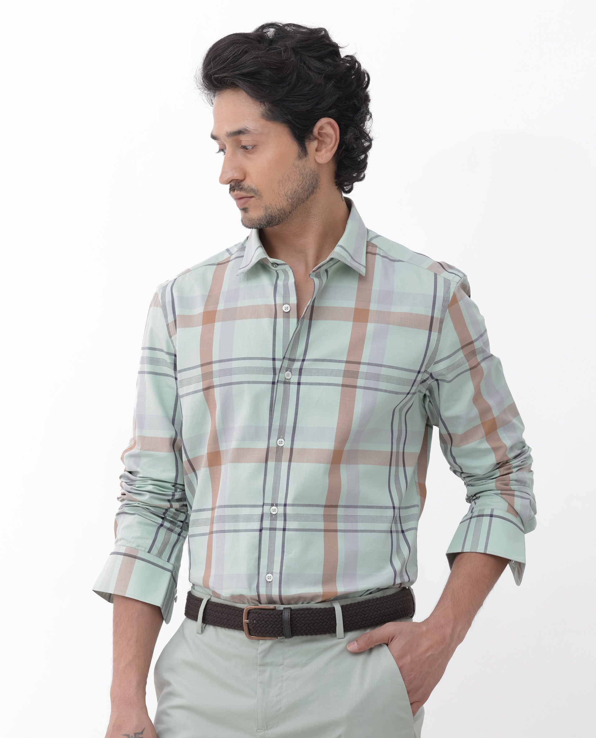 Rare Rabbit Mens Noan Dusky Green Full Sleeve Multicolor Windowpane Checks Shirt