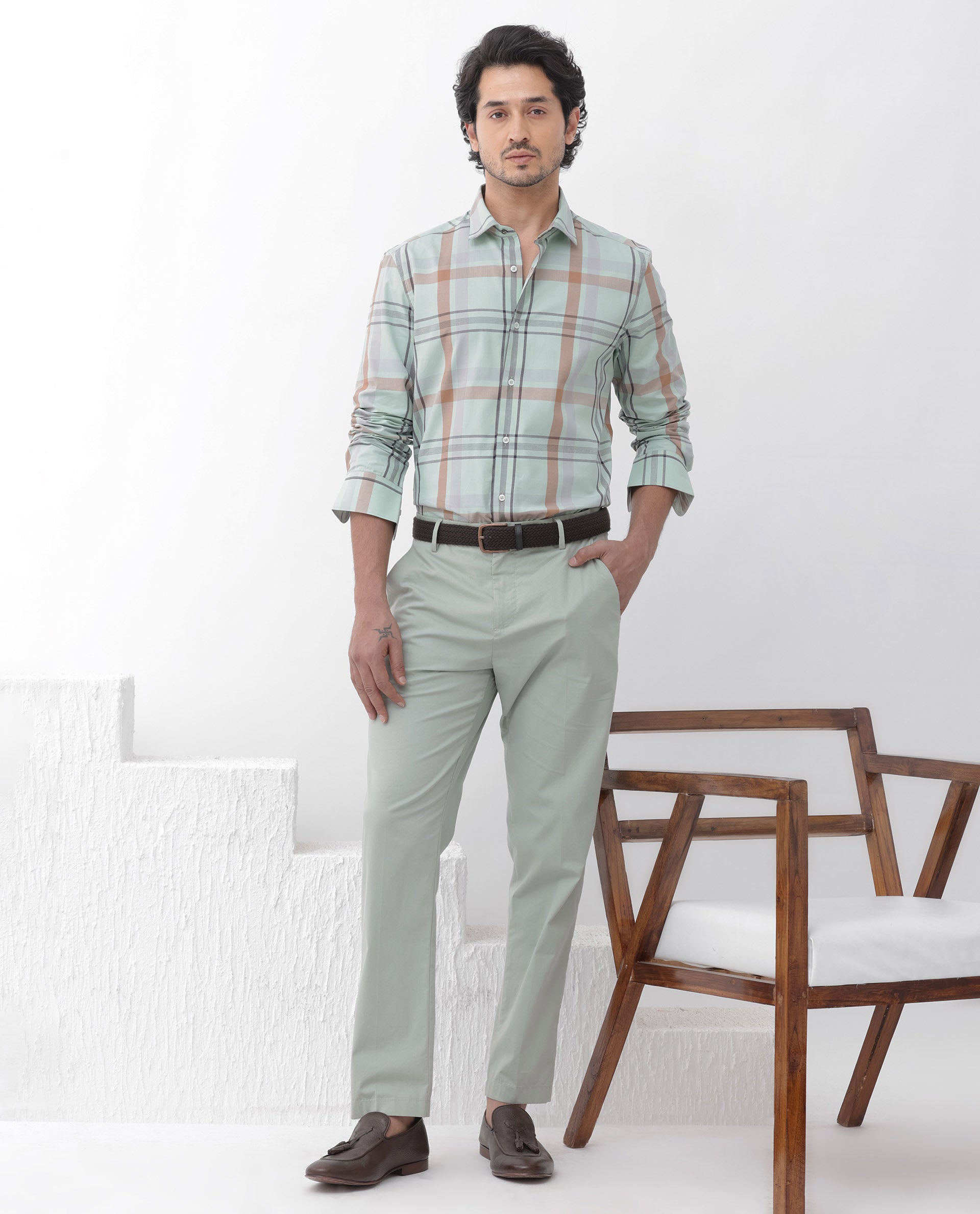 Rare Rabbit Mens Noan Dusky Green Full Sleeve Multicolor Windowpane Checks Shirt