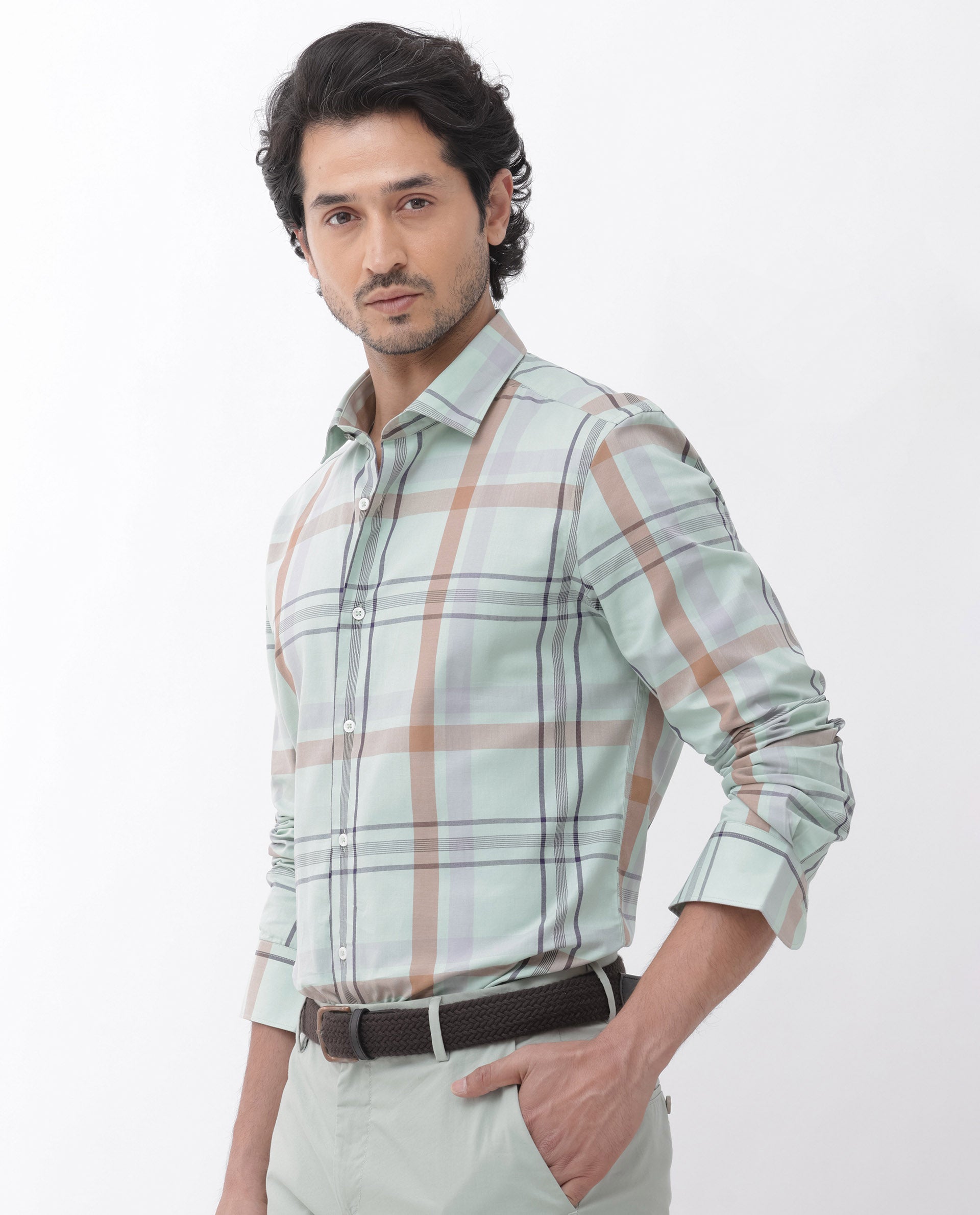 Rare Rabbit Mens Noan Dusky Green Full Sleeve Multicolor Windowpane Checks Shirt