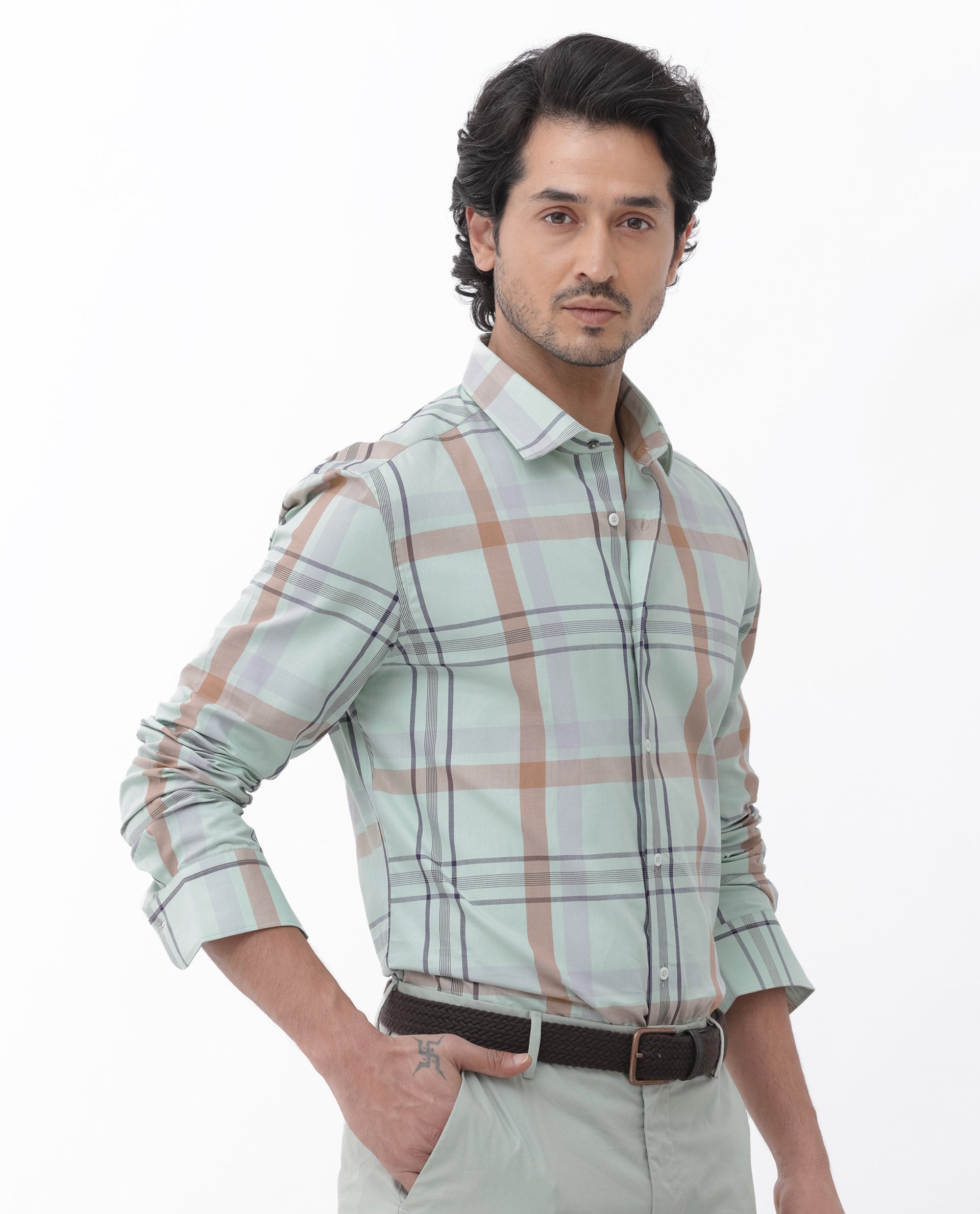 Rare Rabbit Mens Noan Dusky Green Full Sleeve Multicolor Windowpane Checks Shirt