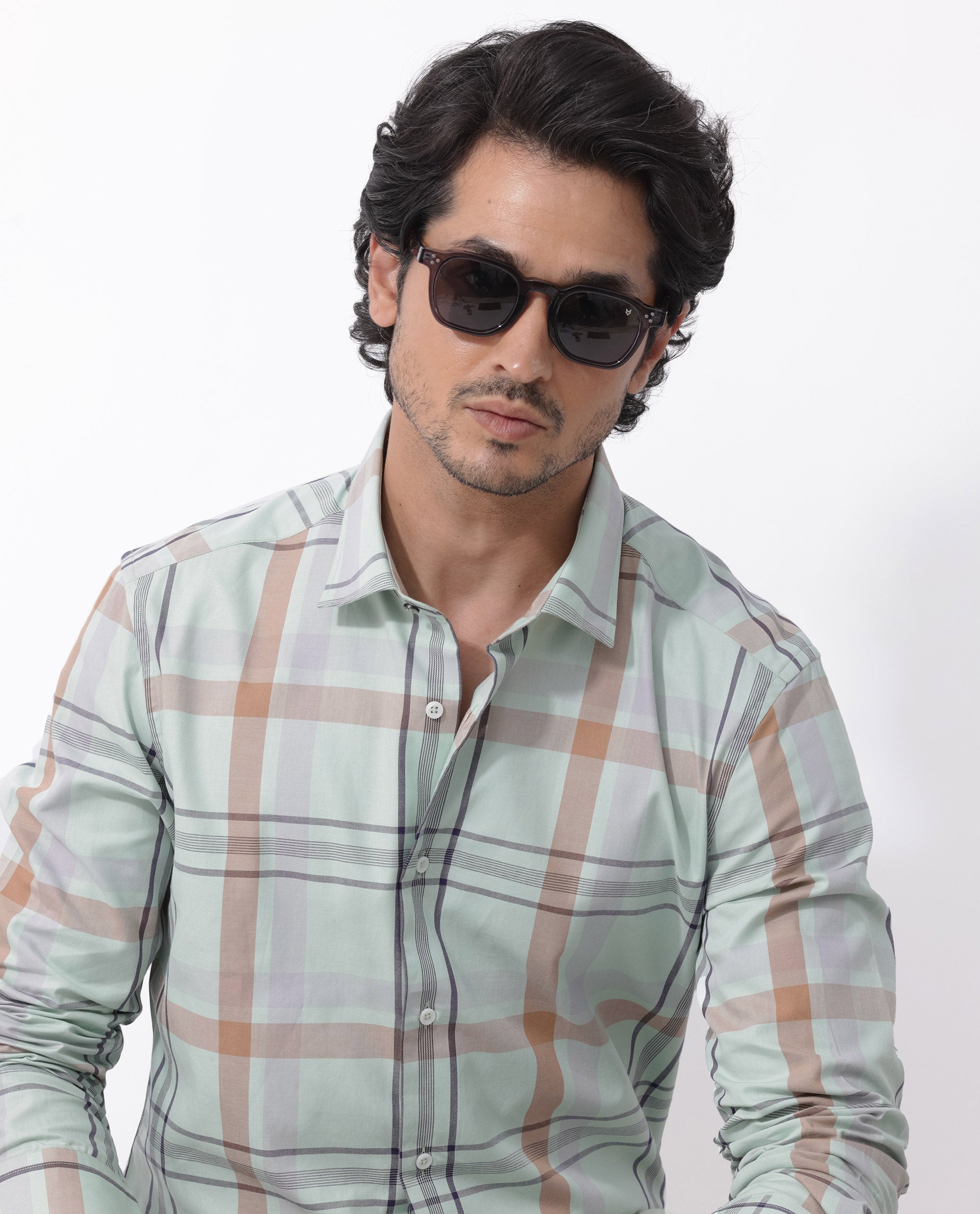 Rare Rabbit Mens Noan Dusky Green Full Sleeve Multicolor Windowpane Checks Shirt