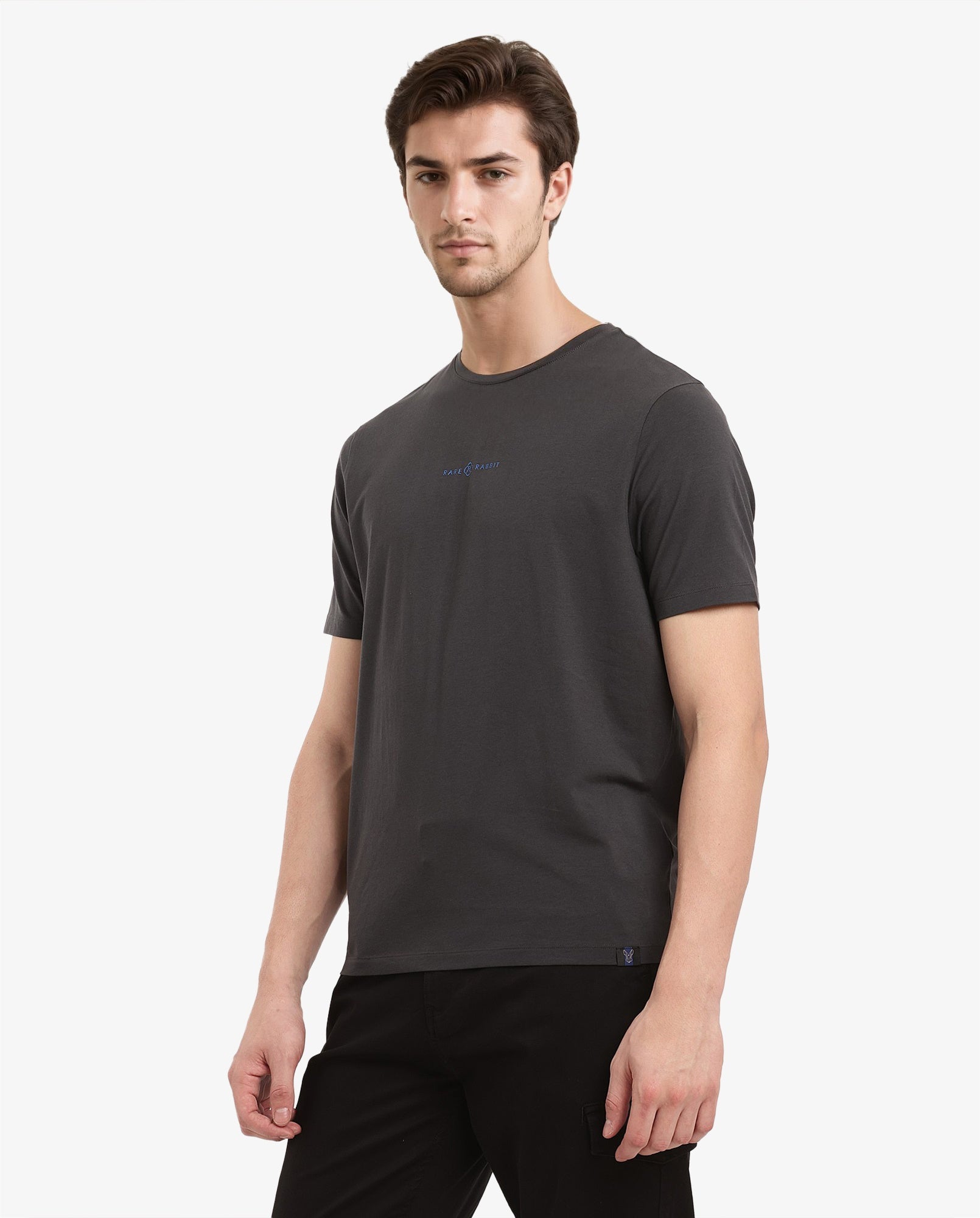 Rare Rabbit Men Noam Dark Grey Cotton Lycra Fabric Short Sleeve Crew Neck Regular Fit Graphic Print T-Shirt