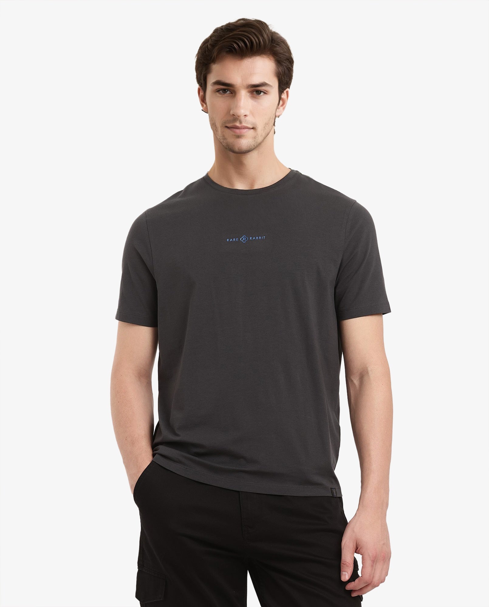 Rare Rabbit Men Noam Dark Grey Cotton Lycra Fabric Short Sleeve Crew Neck Regular Fit Graphic Print T-Shirt