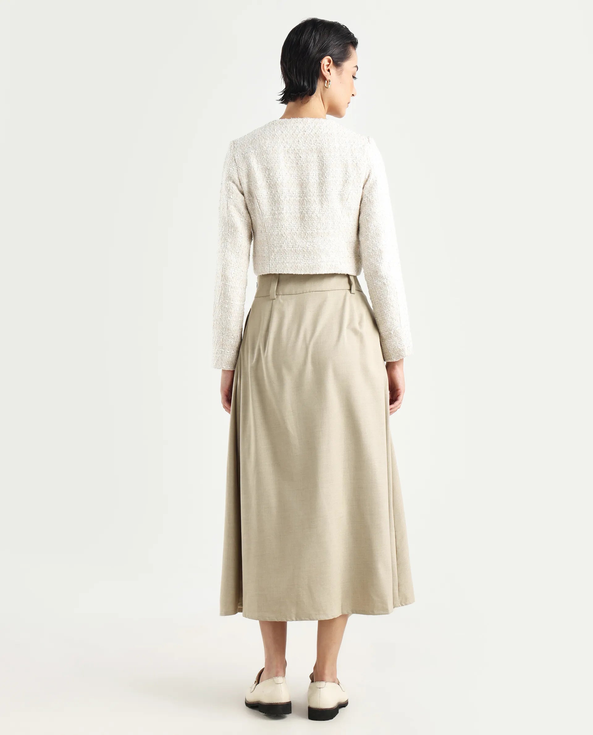 Rareism Women's Noblopa Beige Polyester Blend Plain Midi A-Line Skirt