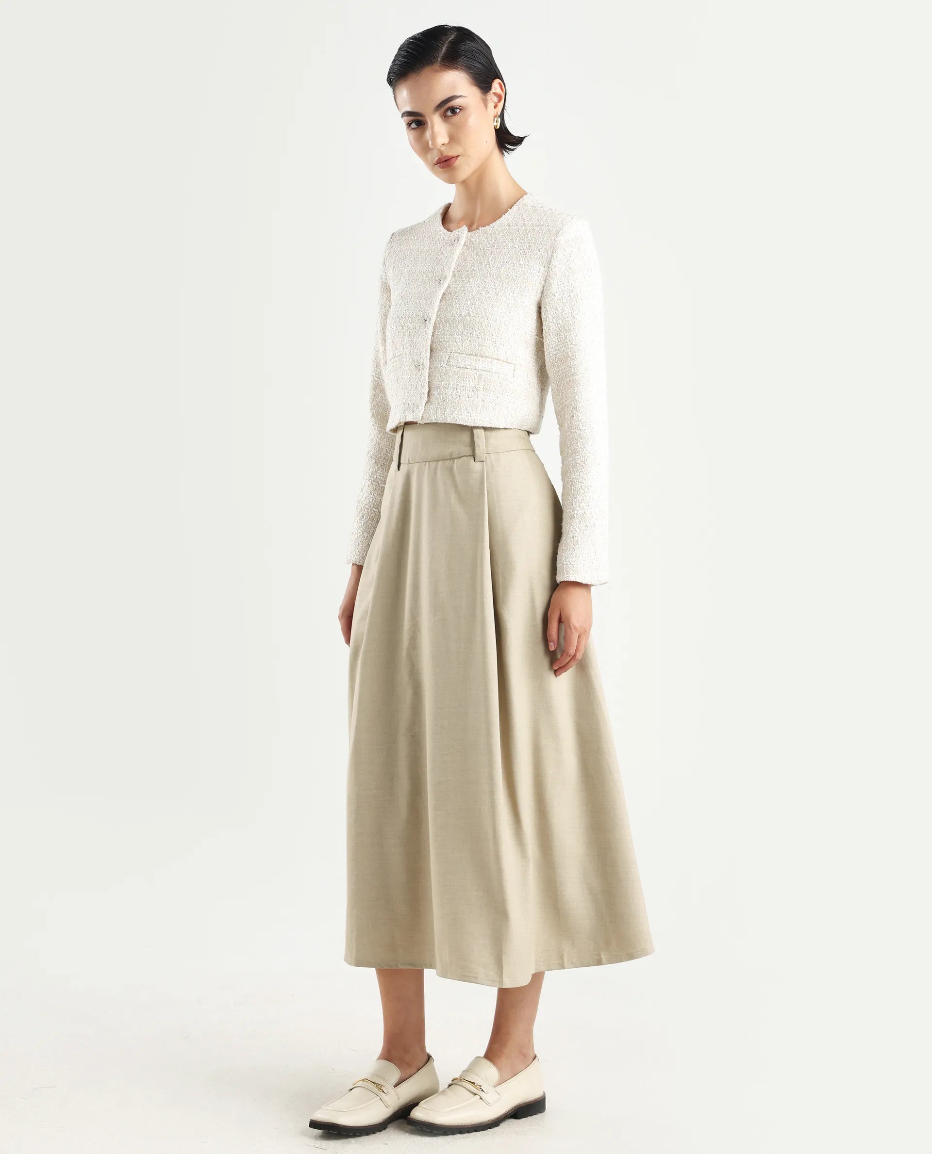 Rareism Women's Noblopa Beige Polyester Blend Plain Midi A-Line Skirt