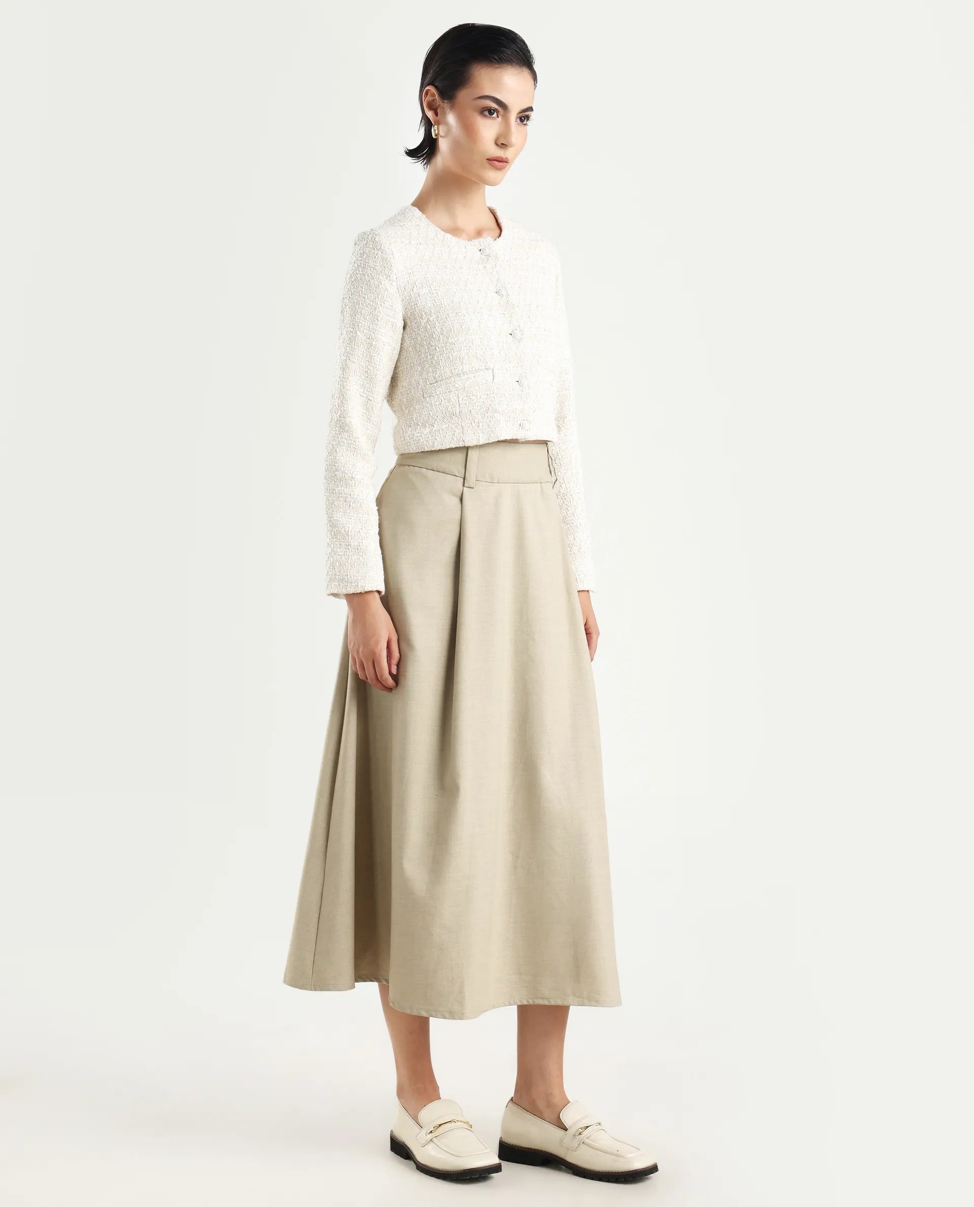 Rareism Women's Noblopa Beige Polyester Blend Plain Midi A-Line Skirt