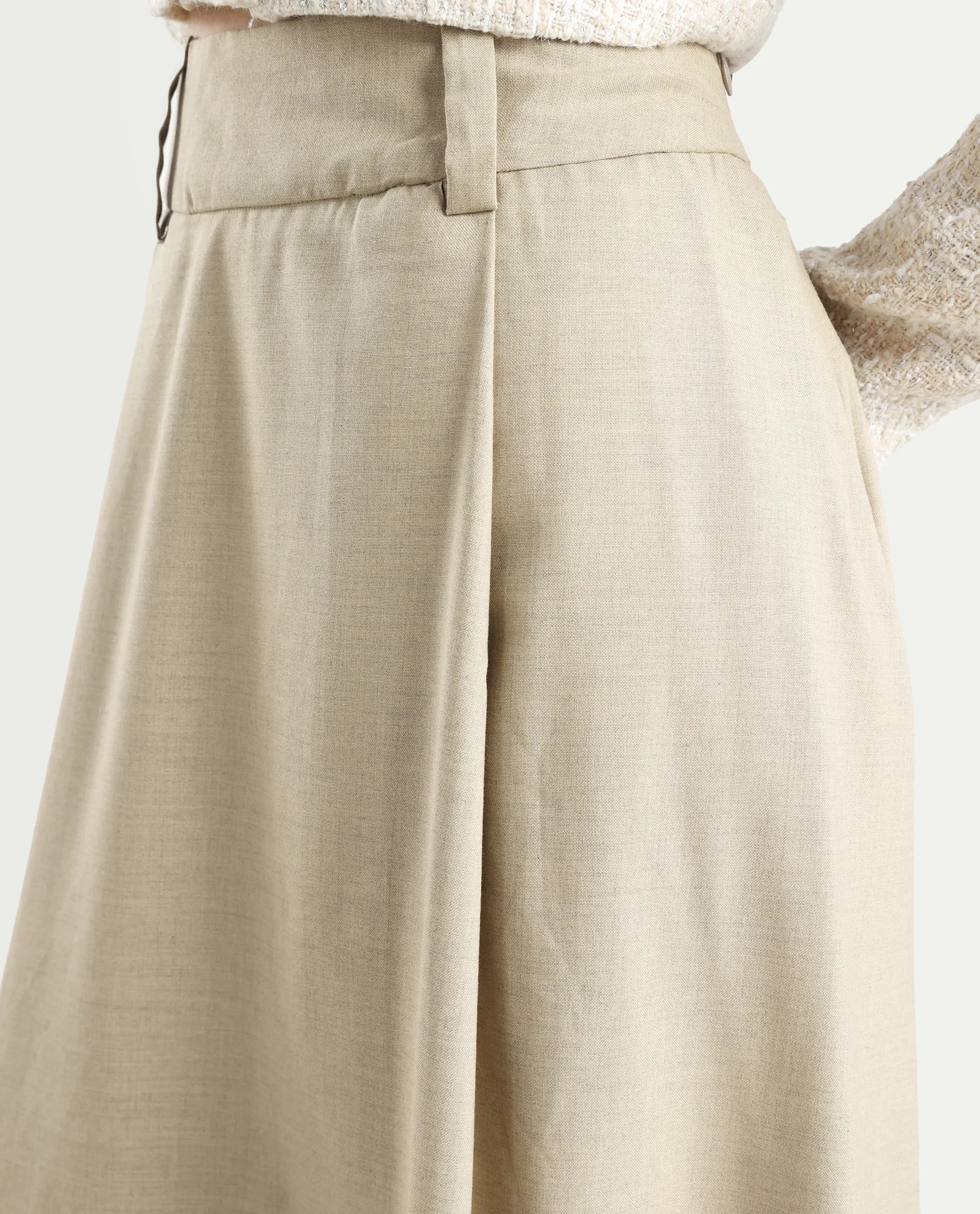 Rareism Women's Noblopa Beige Polyester Blend Plain Midi A-Line Skirt