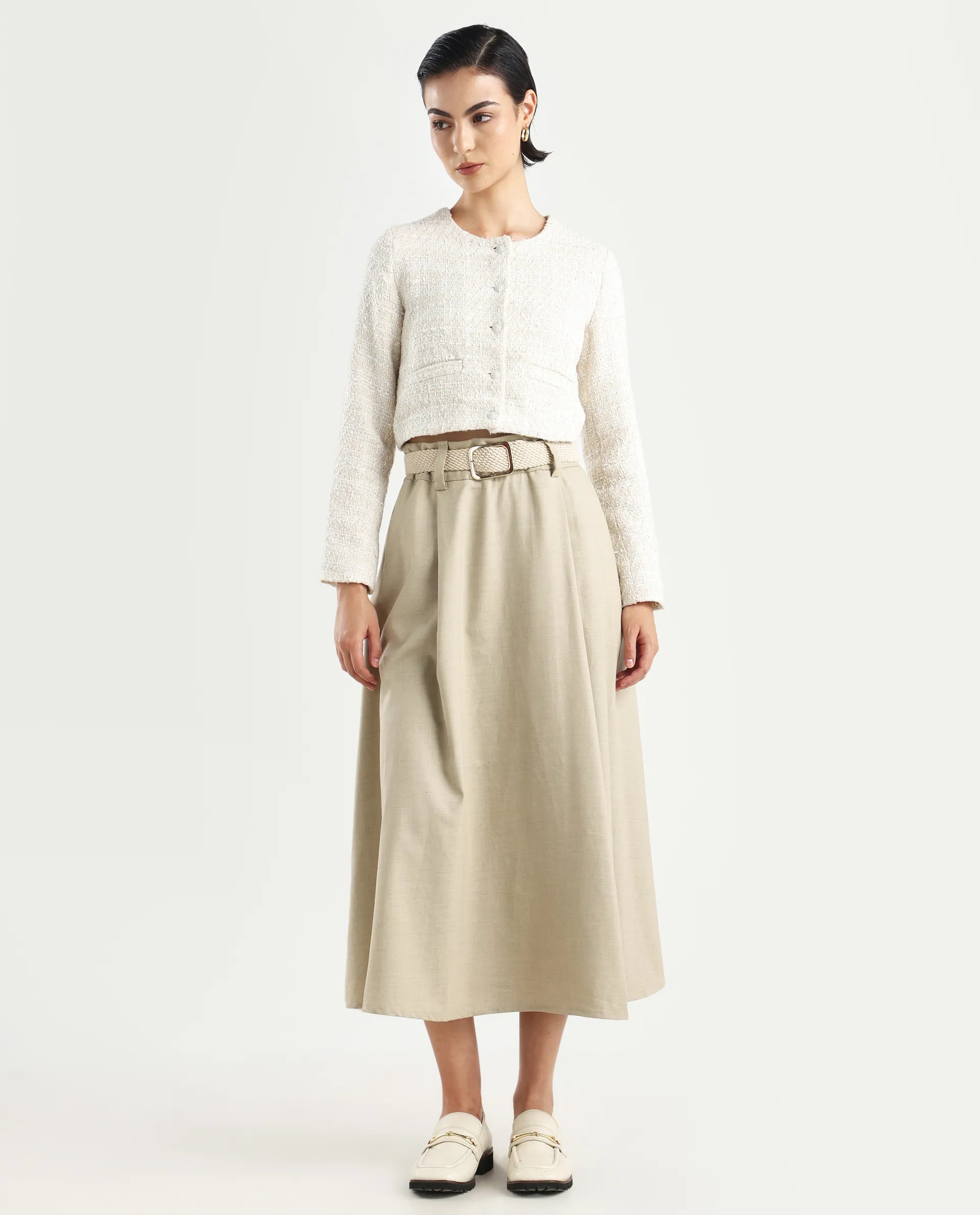 Rareism Women's Noblopa Beige Polyester Blend Plain Midi A-Line Skirt