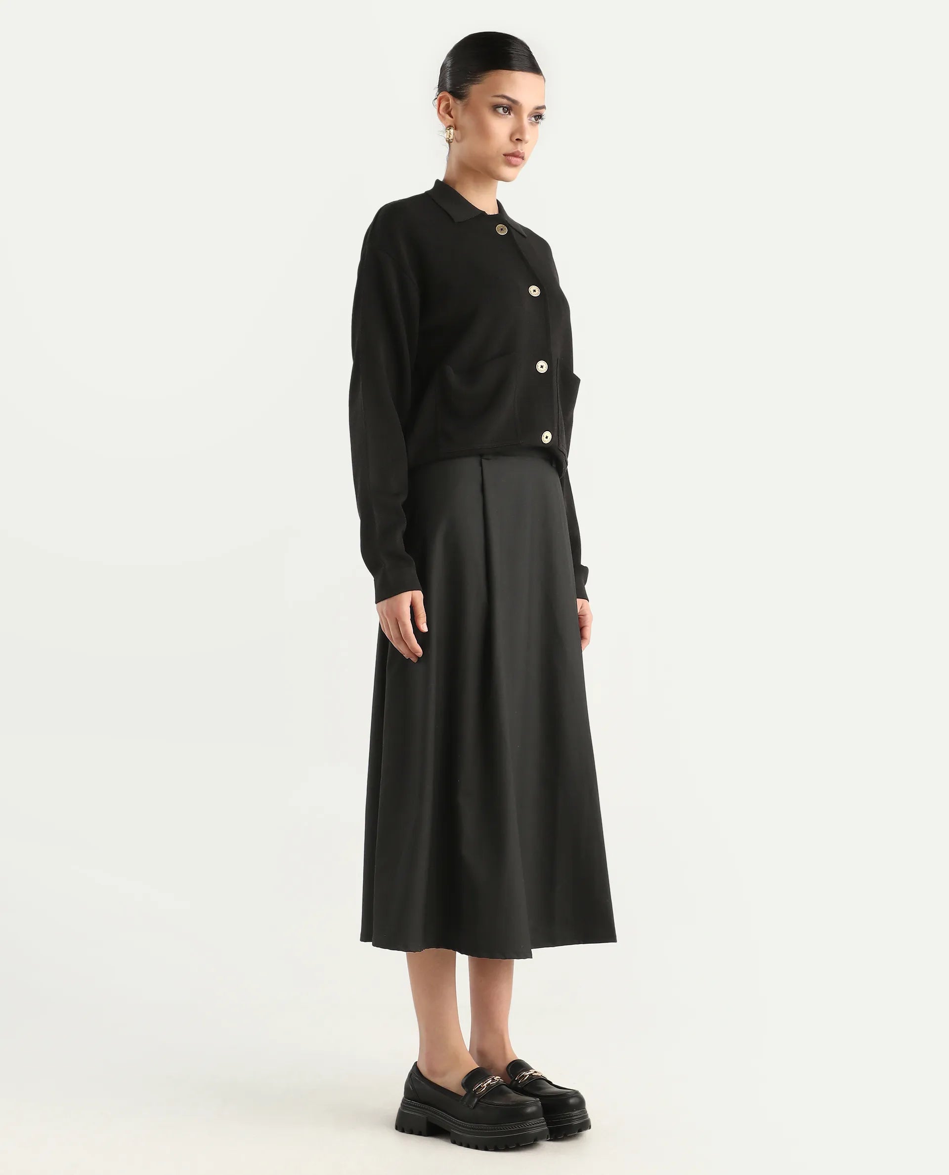 Rareism Women's Noblopa Black Polyester Blend Plain Midi A-Line Skirt