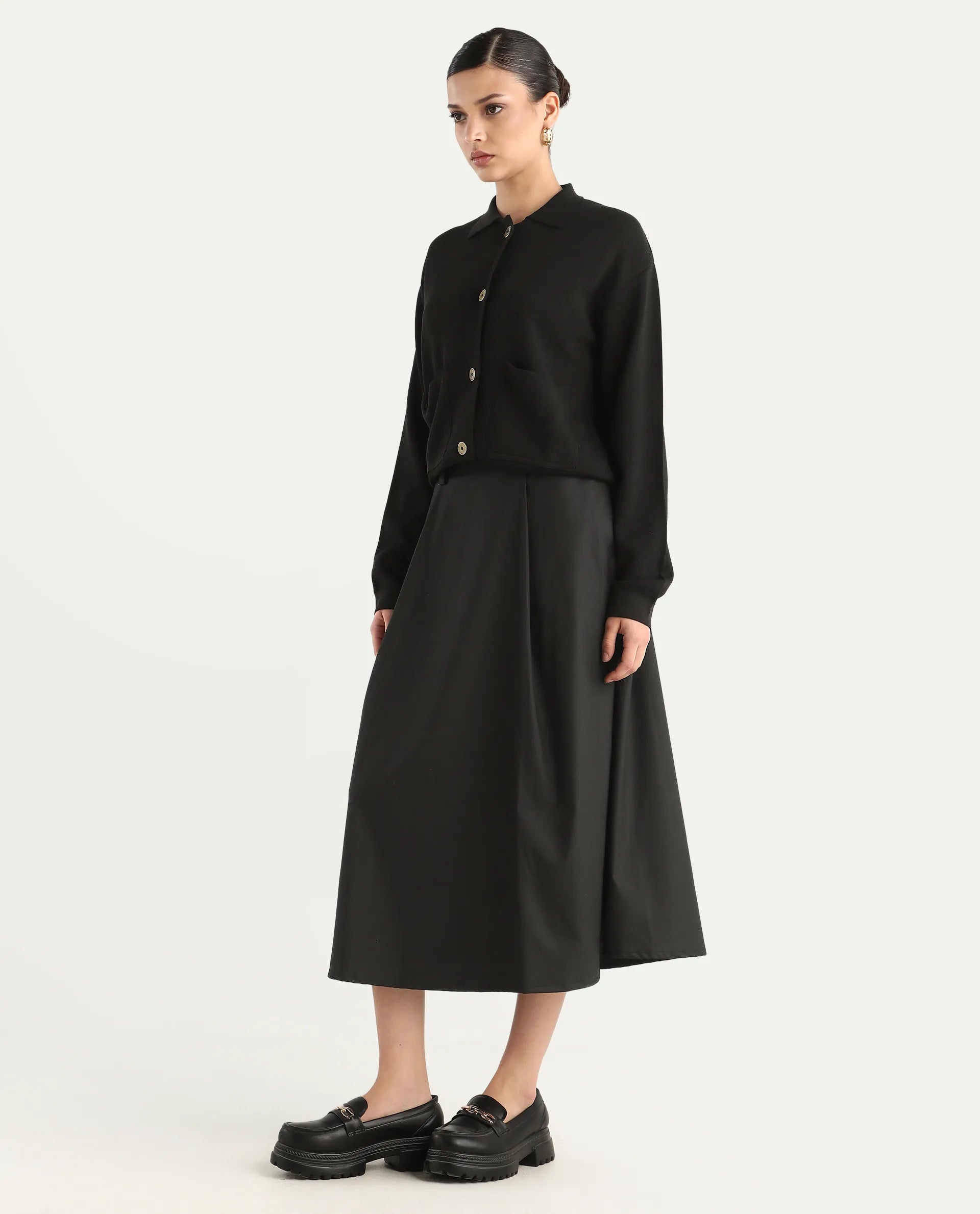 Rareism Women's Noblopa Black Polyester Blend Plain Midi A-Line Skirt