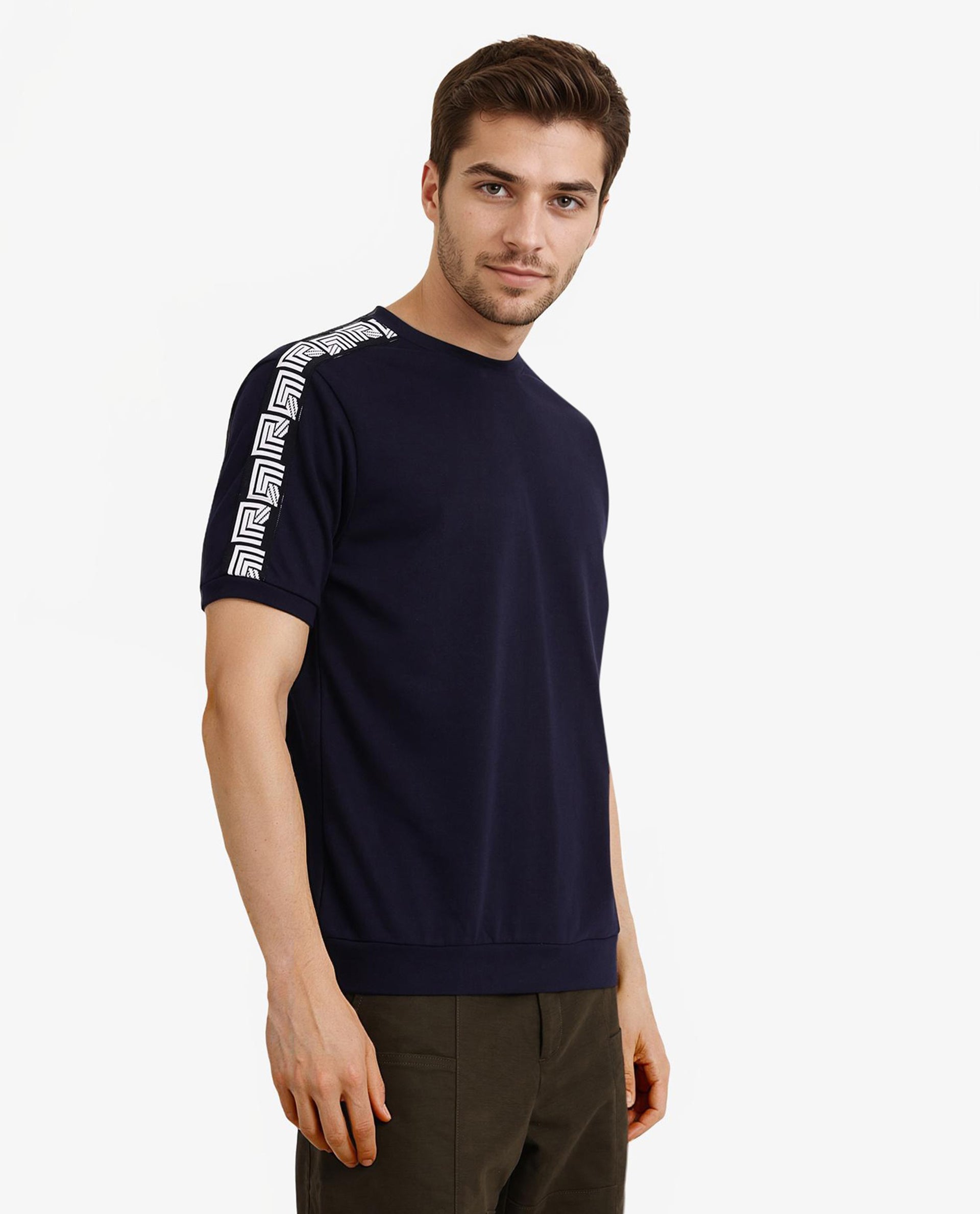 Rare Rabbit Men Nobo Navy Short Sleeve Crew Neck Oversized Fit Monogram Tape T-Shirt
