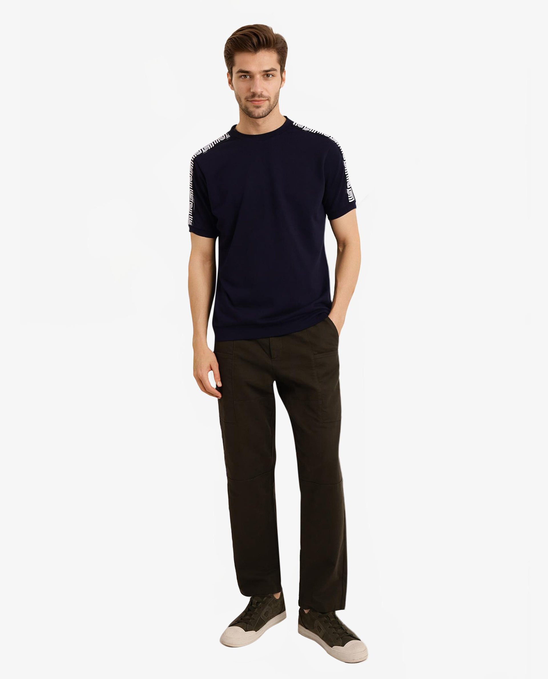 Rare Rabbit Men Nobo Navy Short Sleeve Crew Neck Oversized Fit Monogram Tape T-Shirt