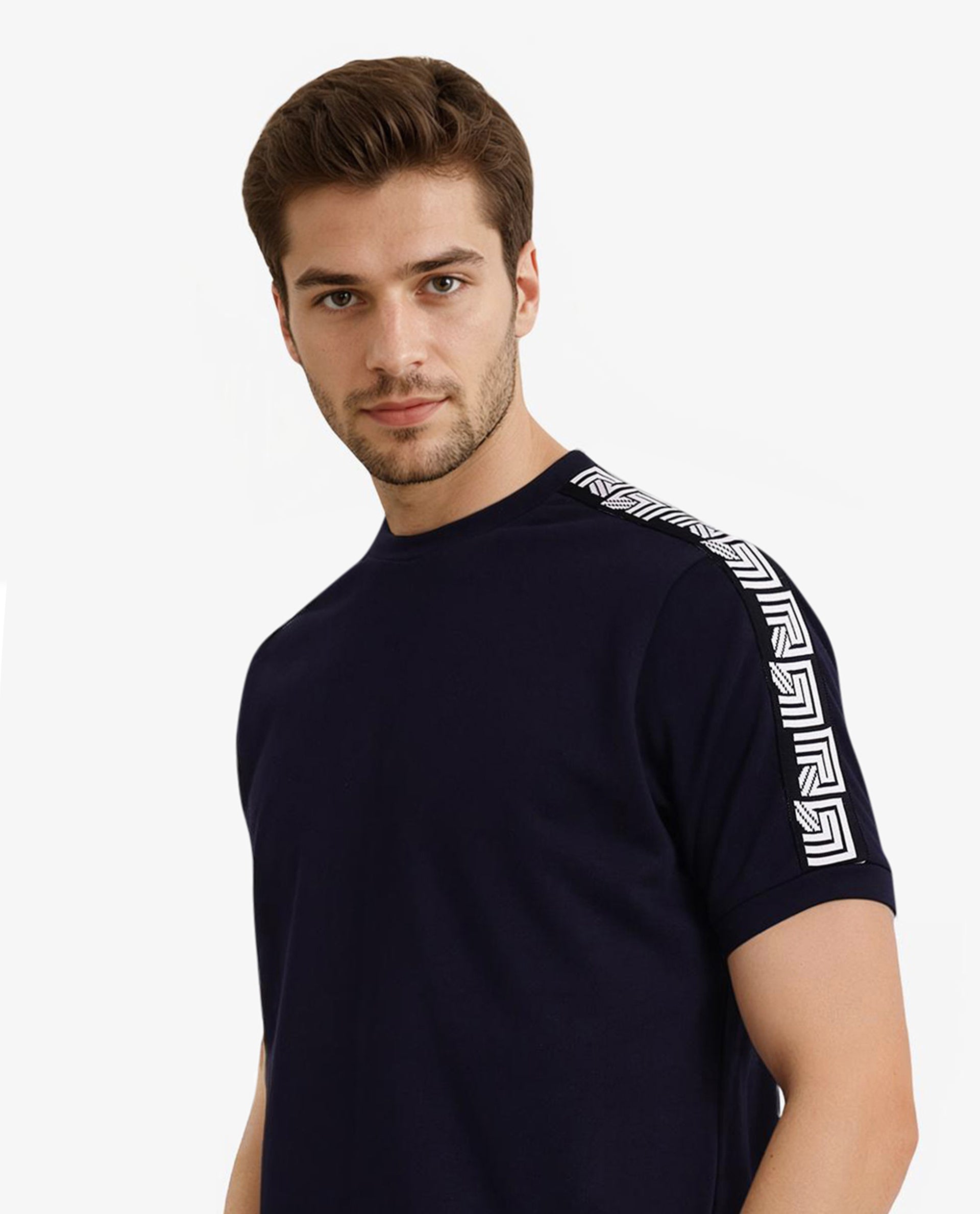 Rare Rabbit Men Nobo Navy Short Sleeve Crew Neck Oversized Fit Monogram Tape T-Shirt