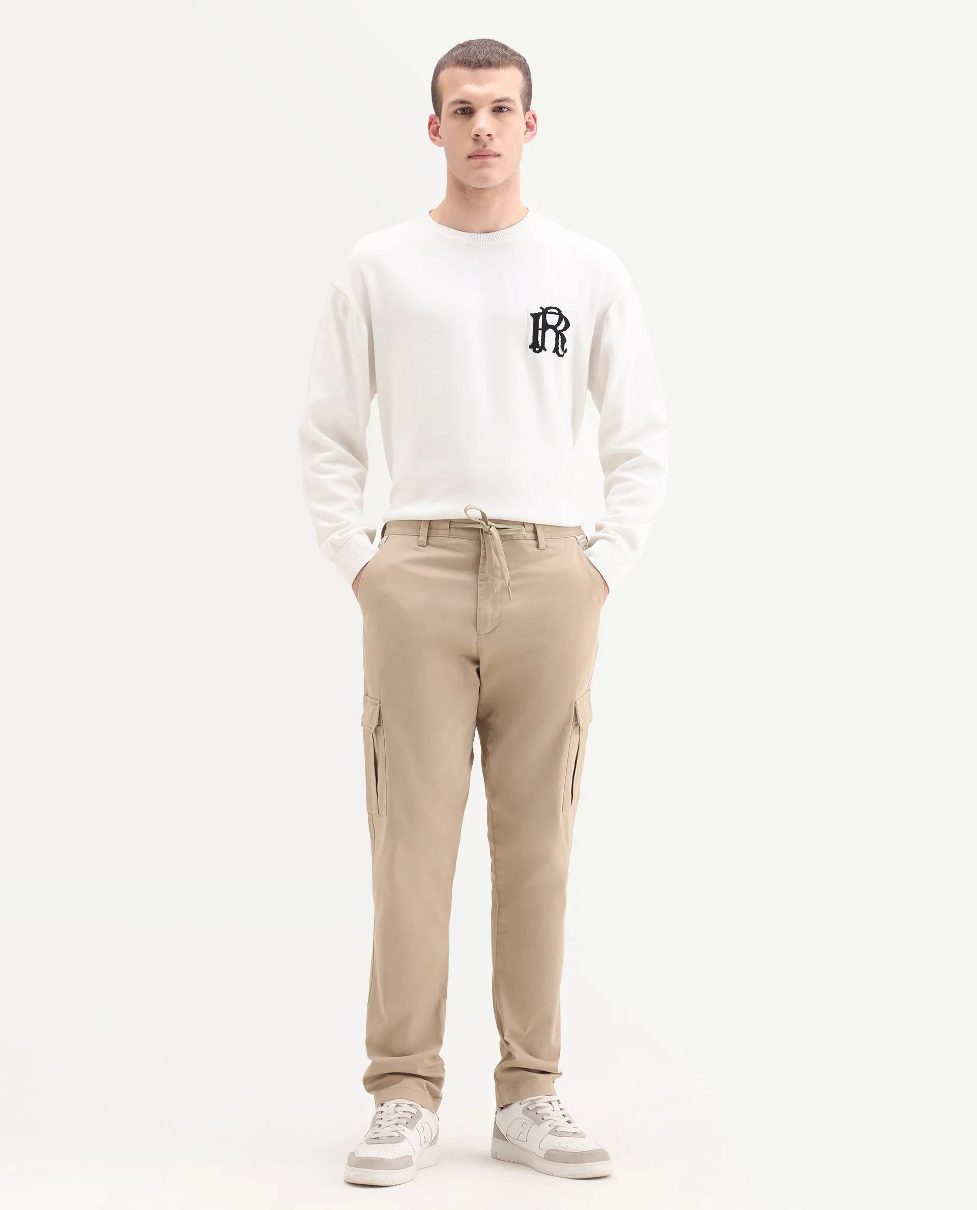 Rare Rabbit Men's Nobon Beige Cotton Plain Regular Fit Trouser