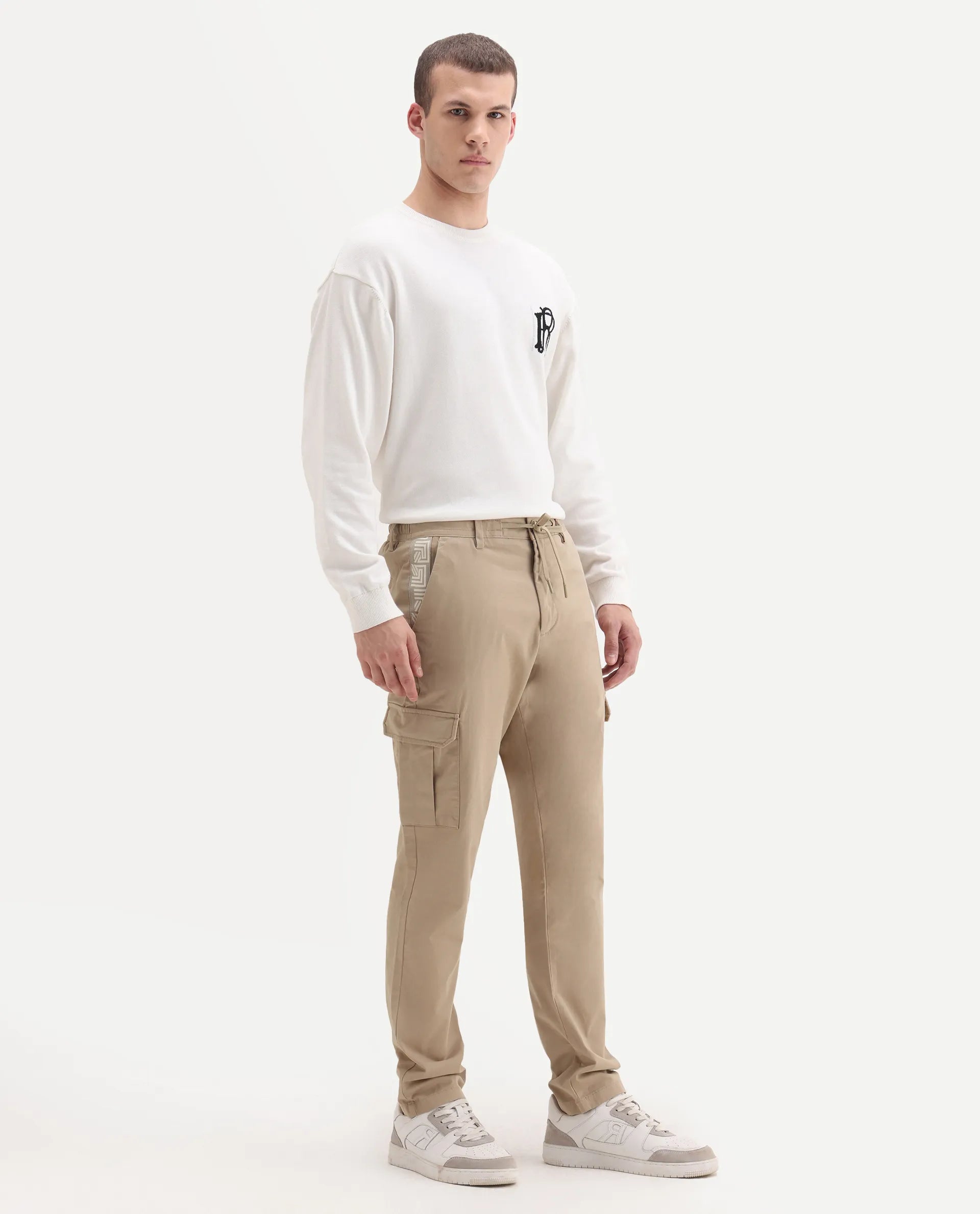 Rare Rabbit Men's Nobon Beige Cotton Plain Regular Fit Trouser
